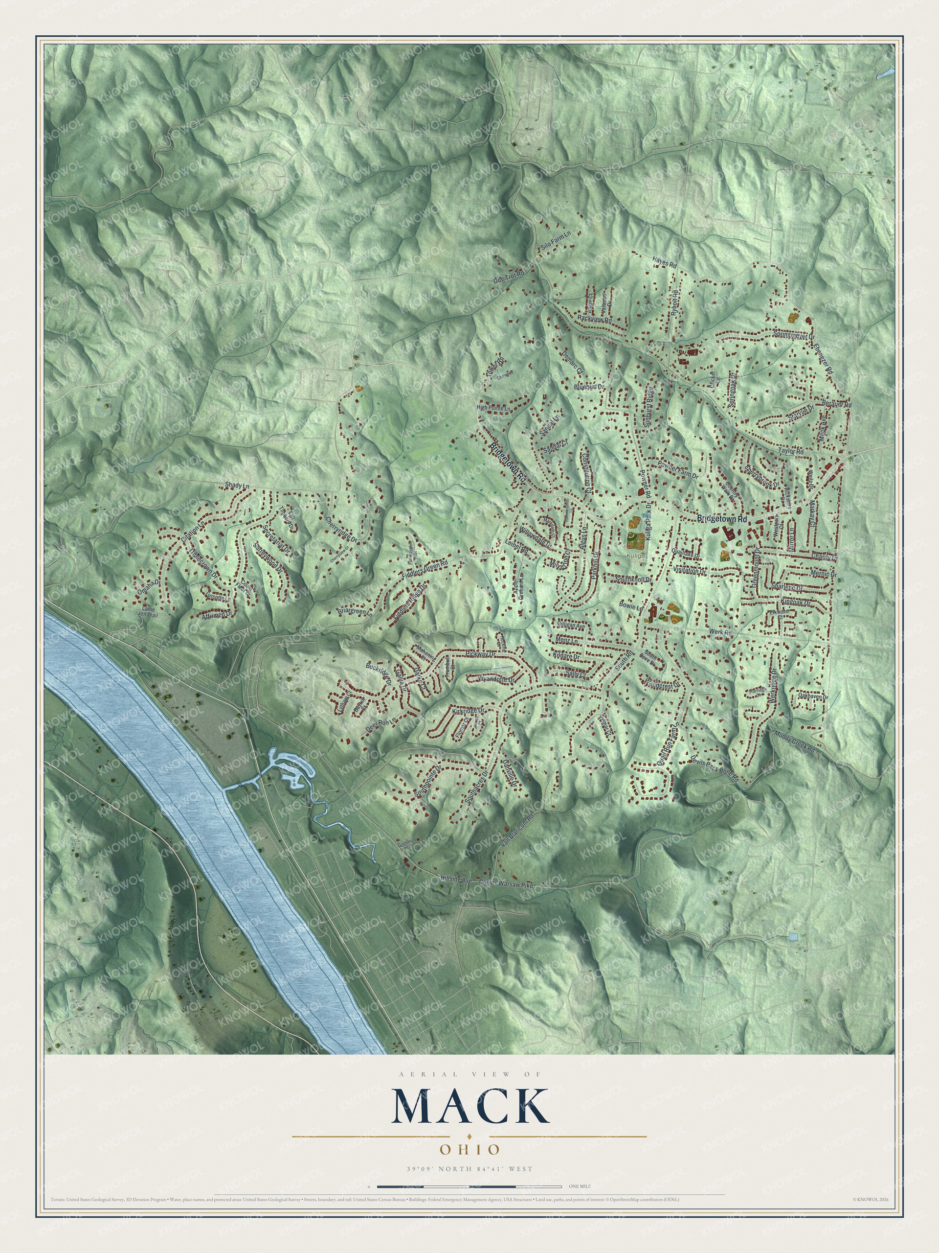 Full map of Mack, Ohio, with red buildings, printed street names and the land around them