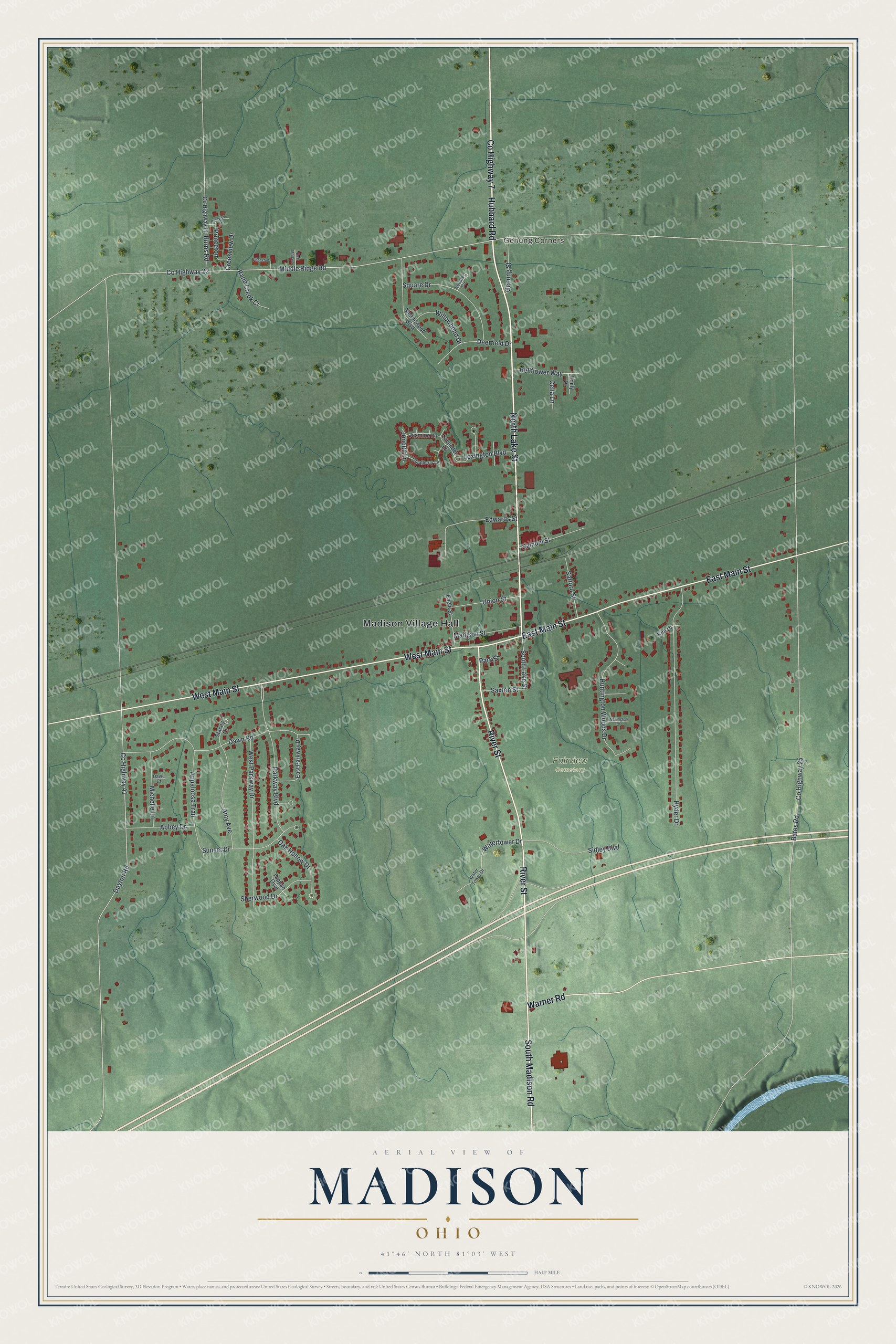 Full map of Madison, Ohio, with red buildings, printed street names and the land around them