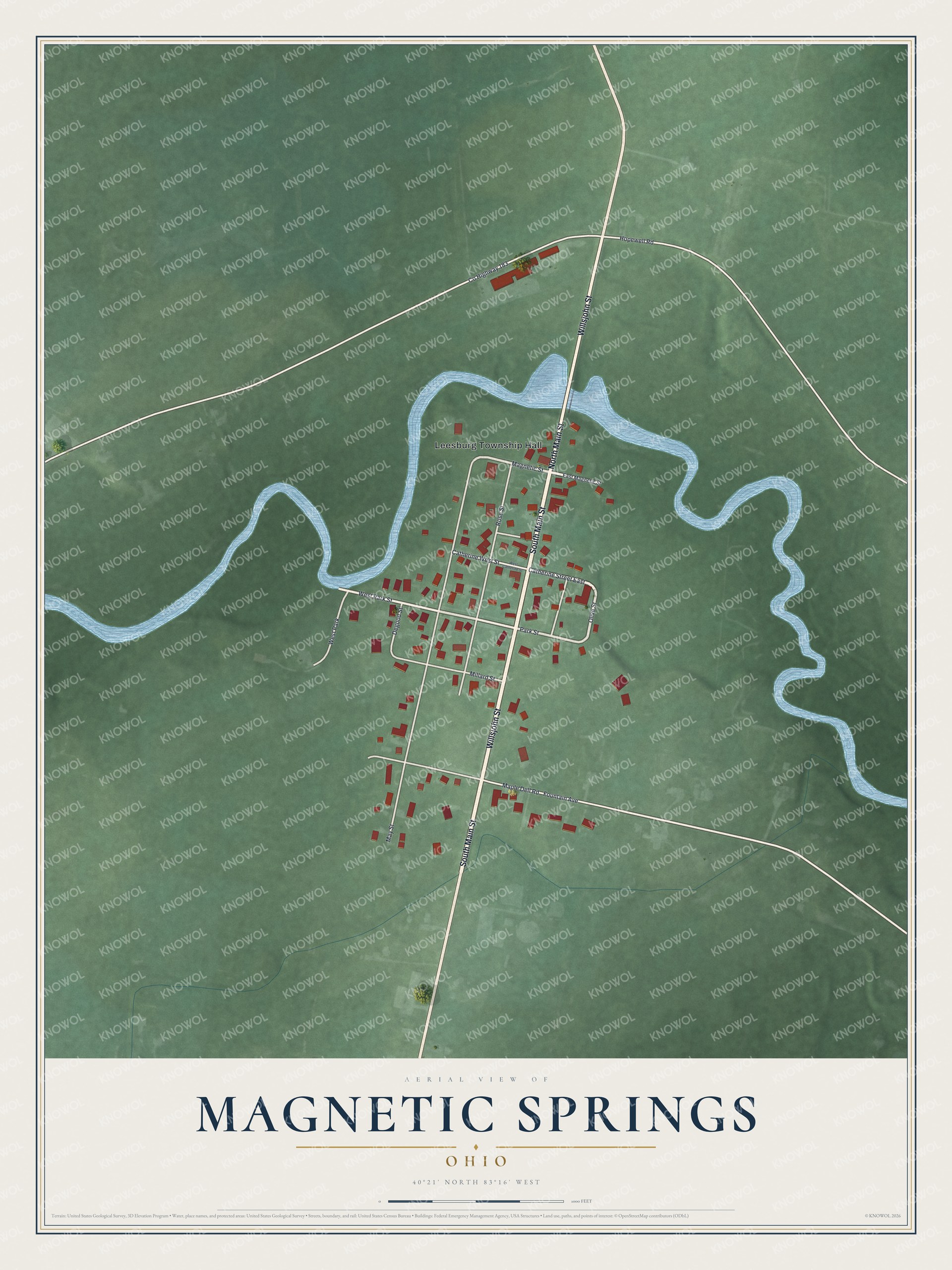 Map of Magnetic Springs, Ohio, with red buildings along Main Street, a winding blue stream and green fields around the village