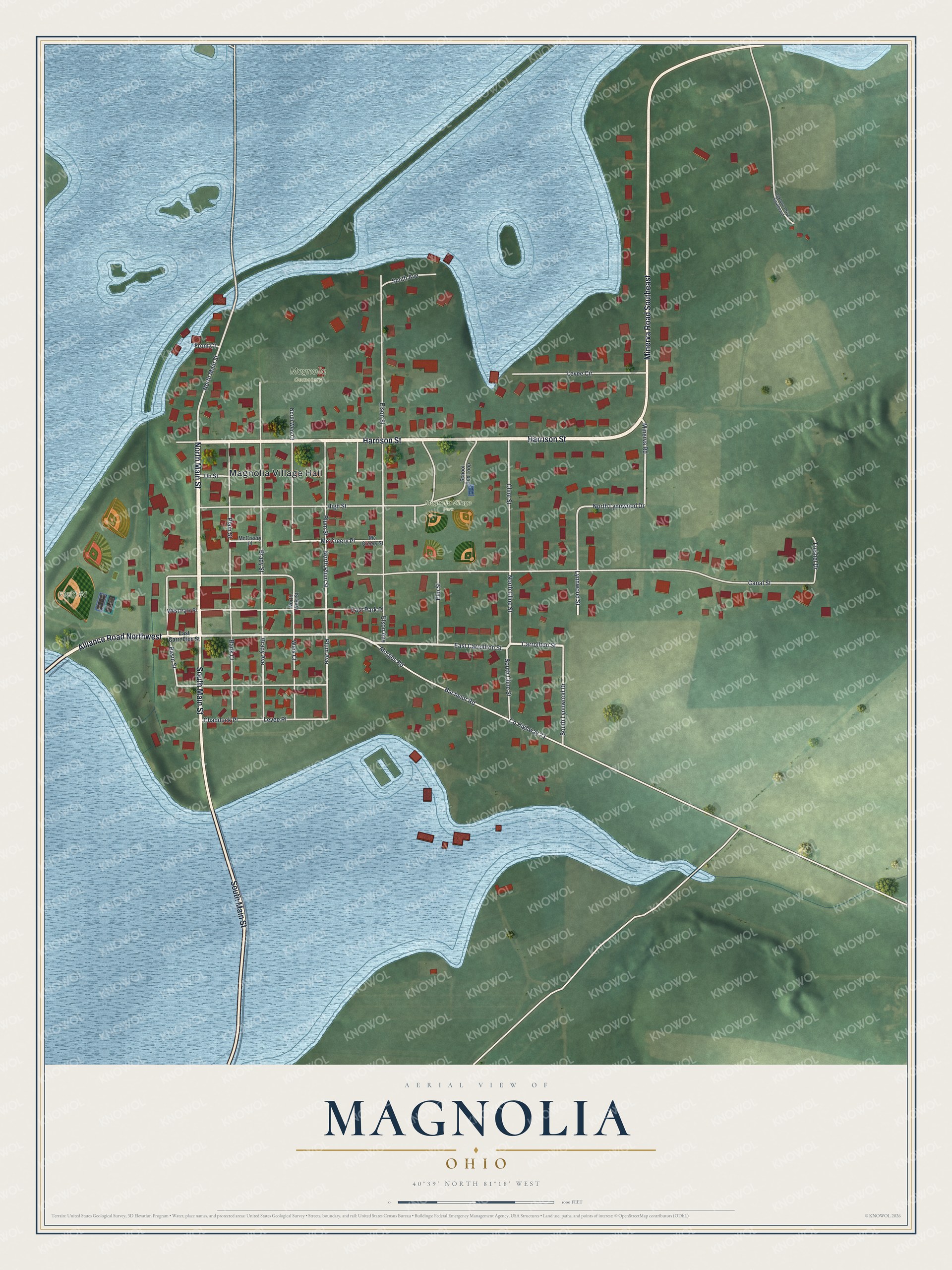 Full map of Magnolia, Ohio, with red buildings, printed street names and the land around them