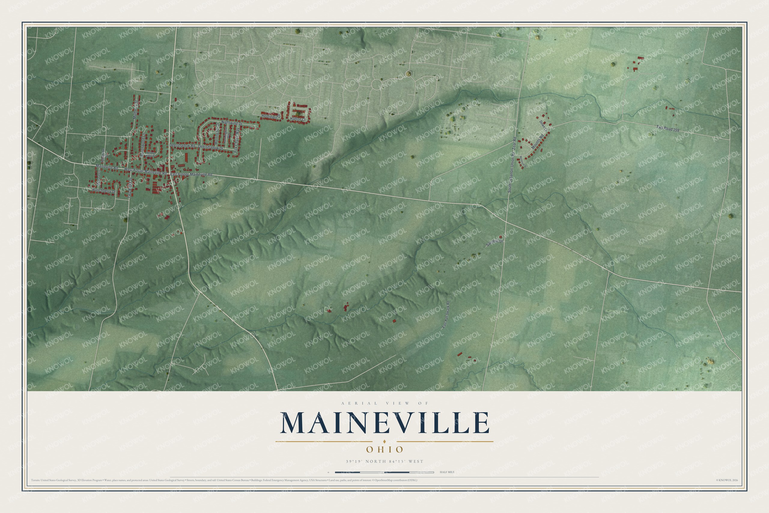 Full map of Maineville, Ohio, with red buildings, printed street names and the land around them