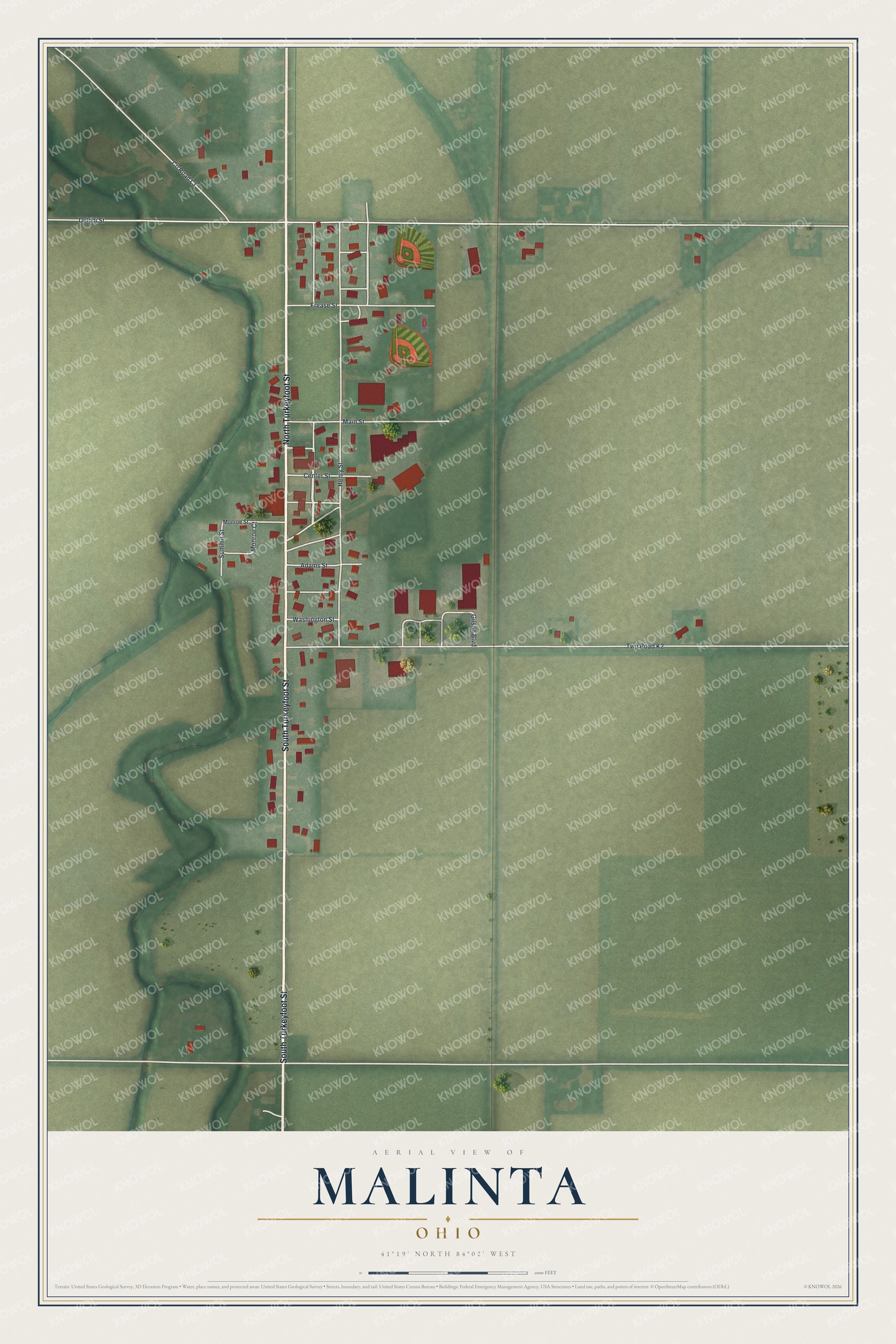 Full map of Malinta, Ohio, with red buildings, printed street names and the land around them