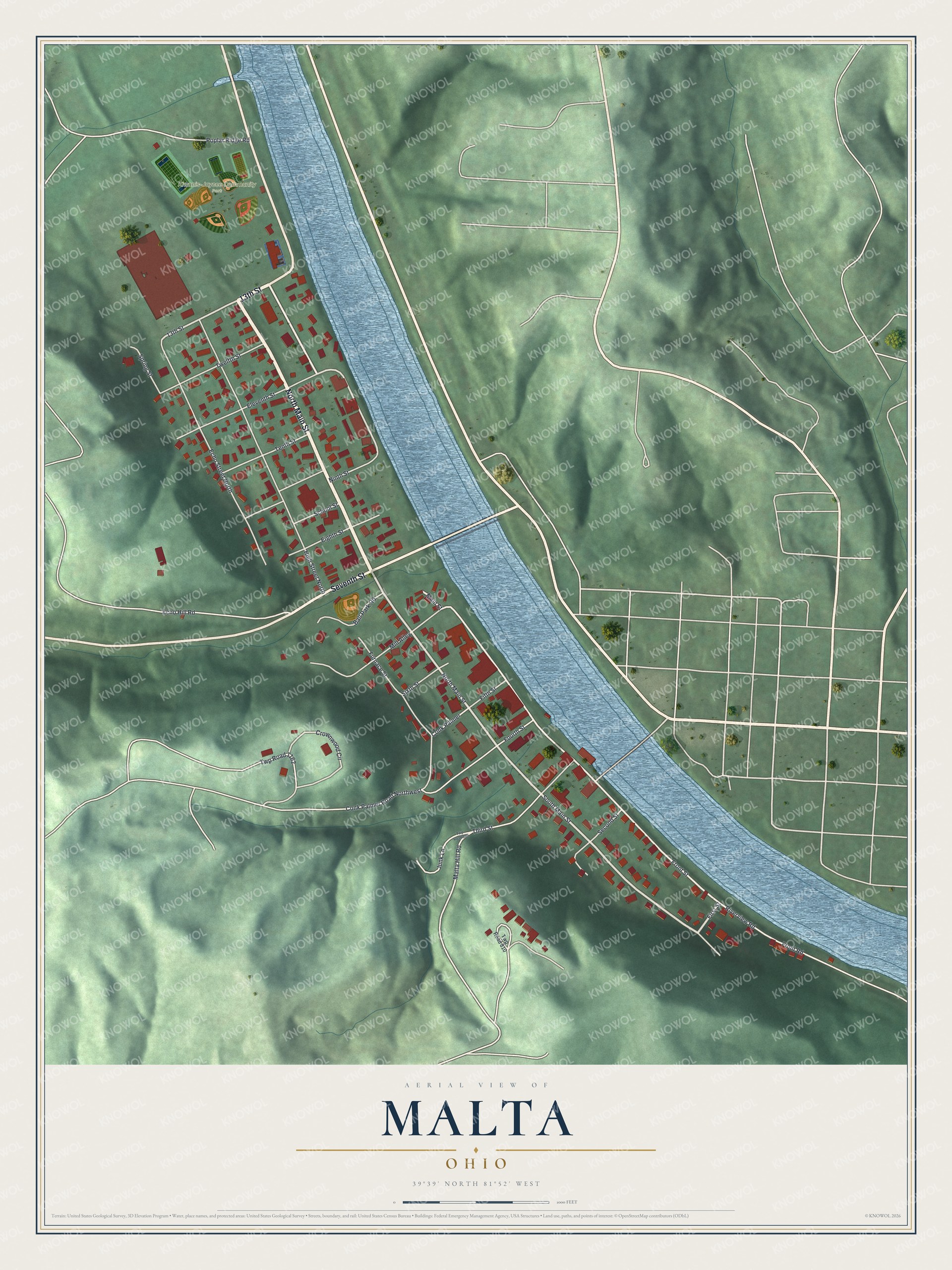 Full map of Malta, Ohio, with red buildings, printed street names and the land around them