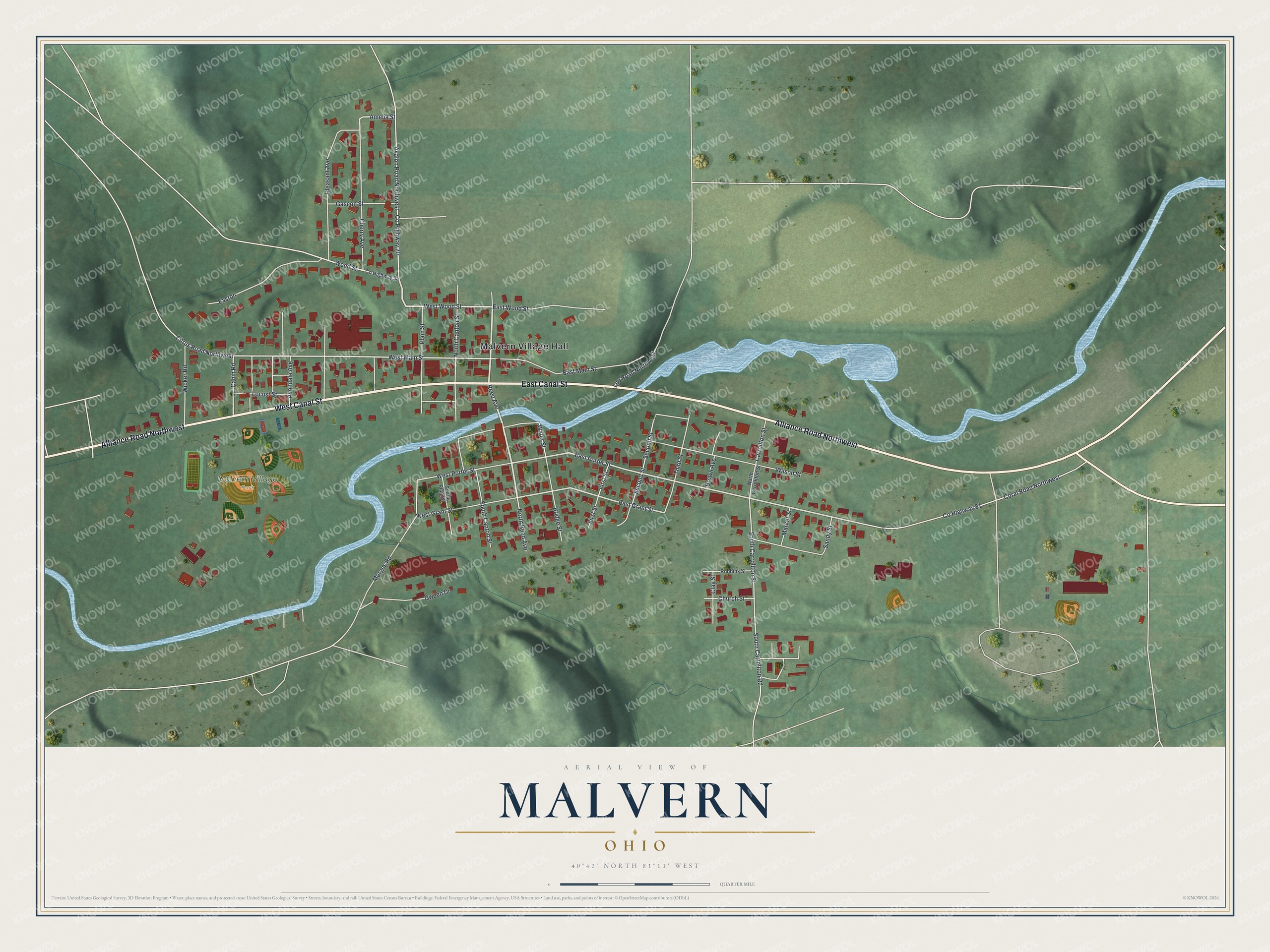 Full map of Malvern, Ohio, with red buildings, printed street names and the land around them