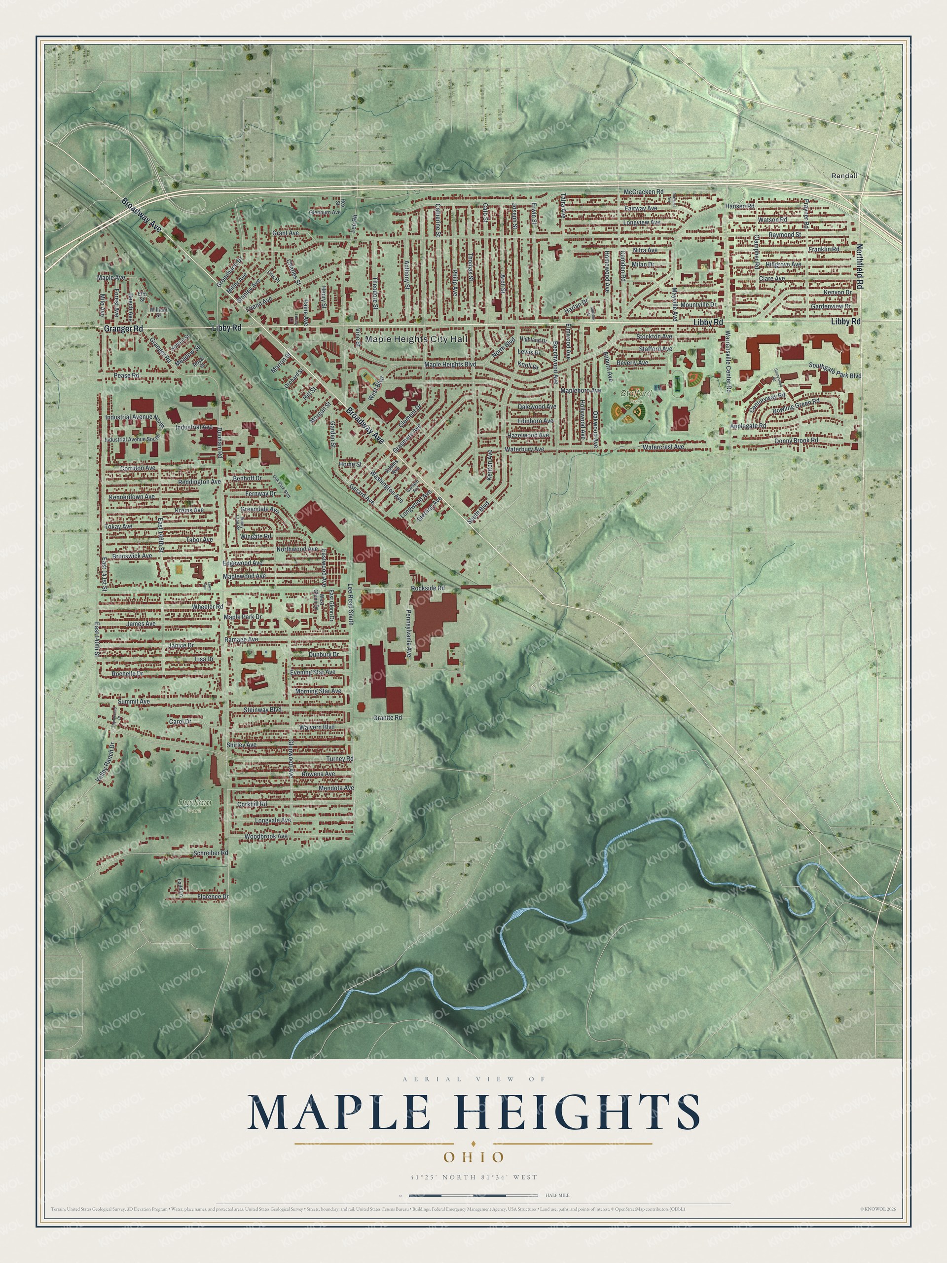 Full map of Maple Heights, Ohio, with red buildings, printed street names and the land around them