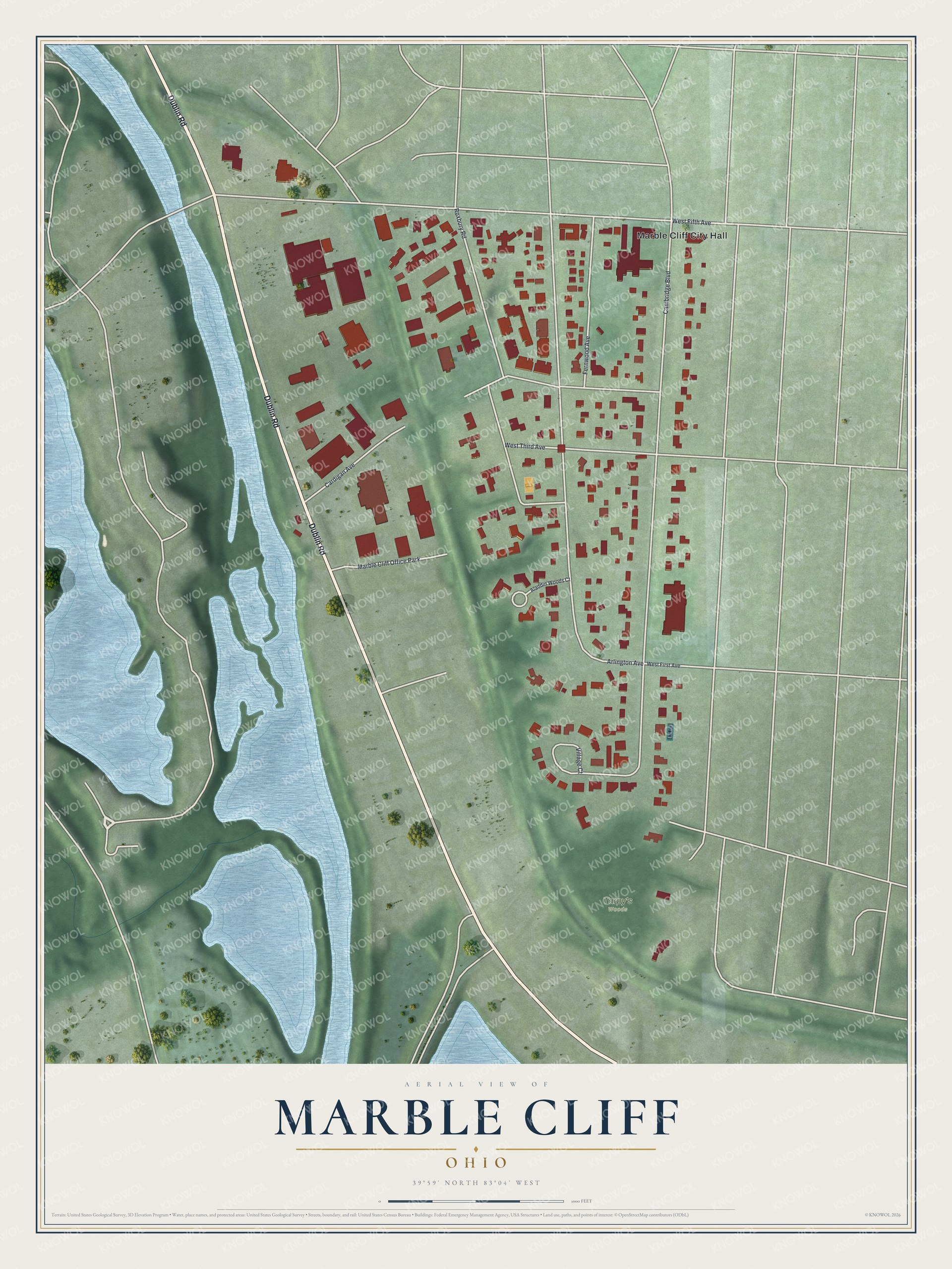 Full map of Marble Cliff, Ohio, with red buildings, printed street names and the land around them