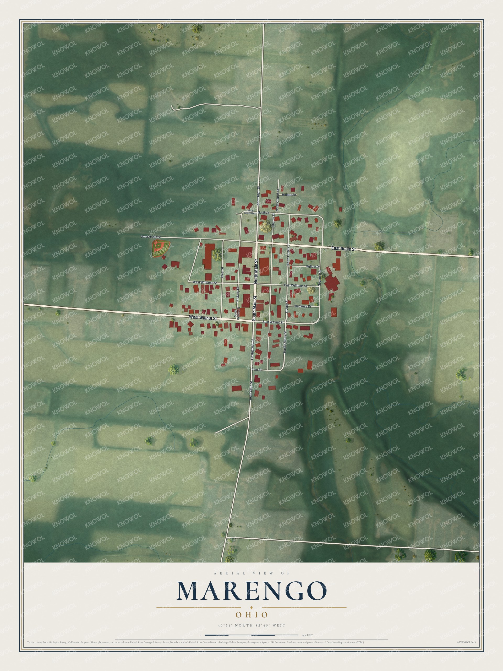 Full map of Marengo, Ohio, with red buildings, printed street names and the land around them