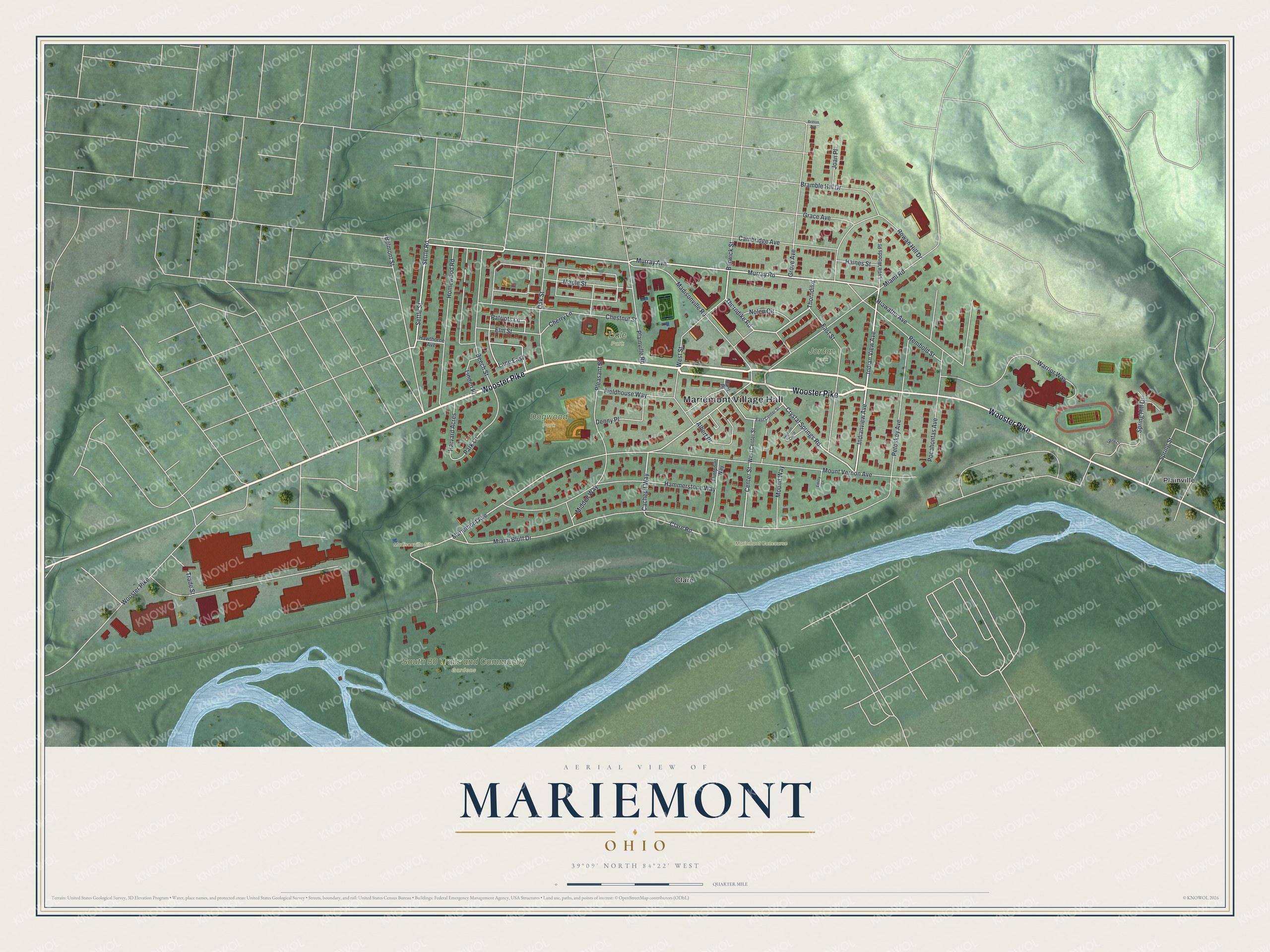 Full map of Mariemont, Ohio, with red buildings, printed street names and the land around them