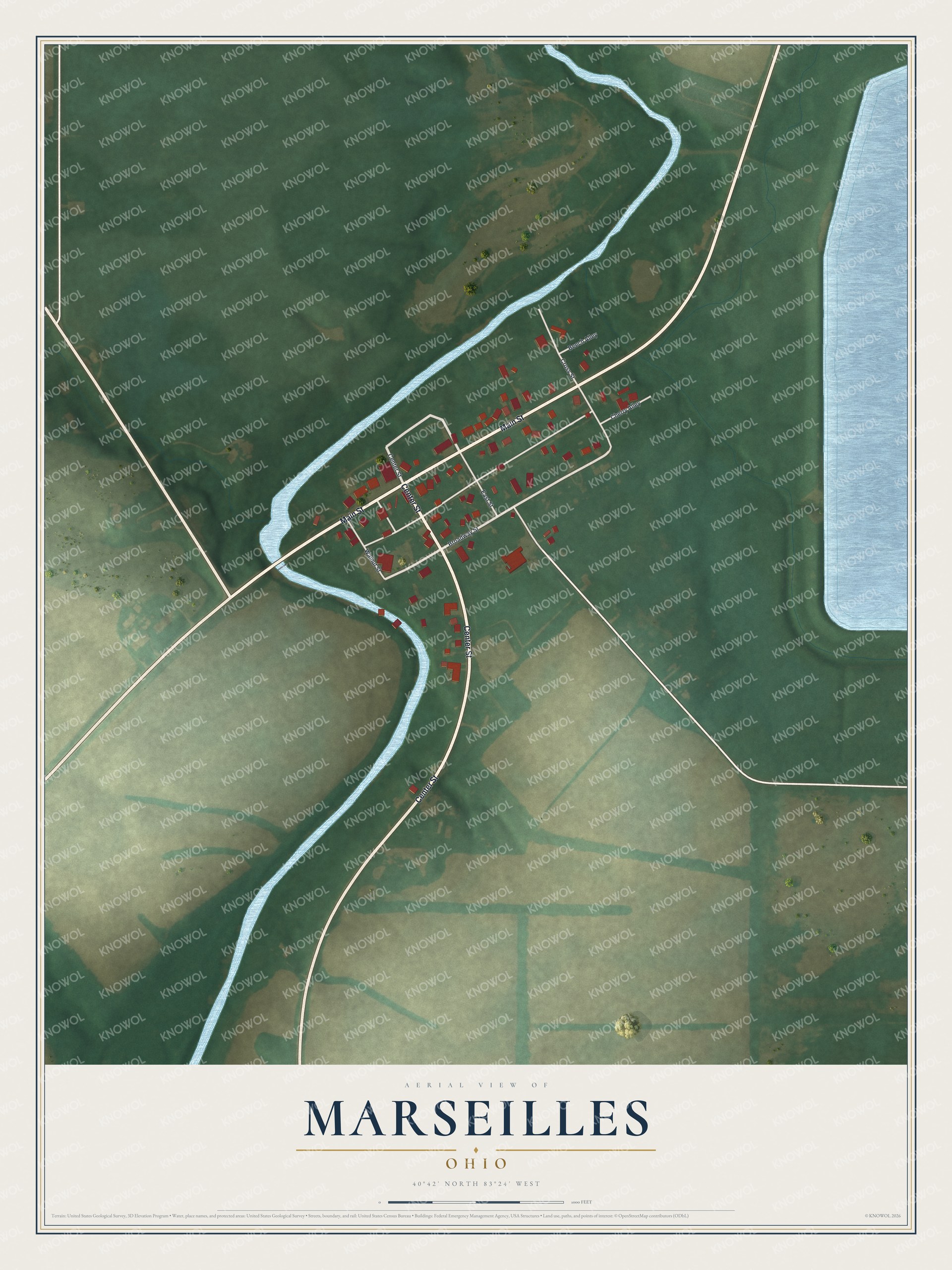 Full map of Marseilles, Ohio, with red buildings, printed street names and the land around them