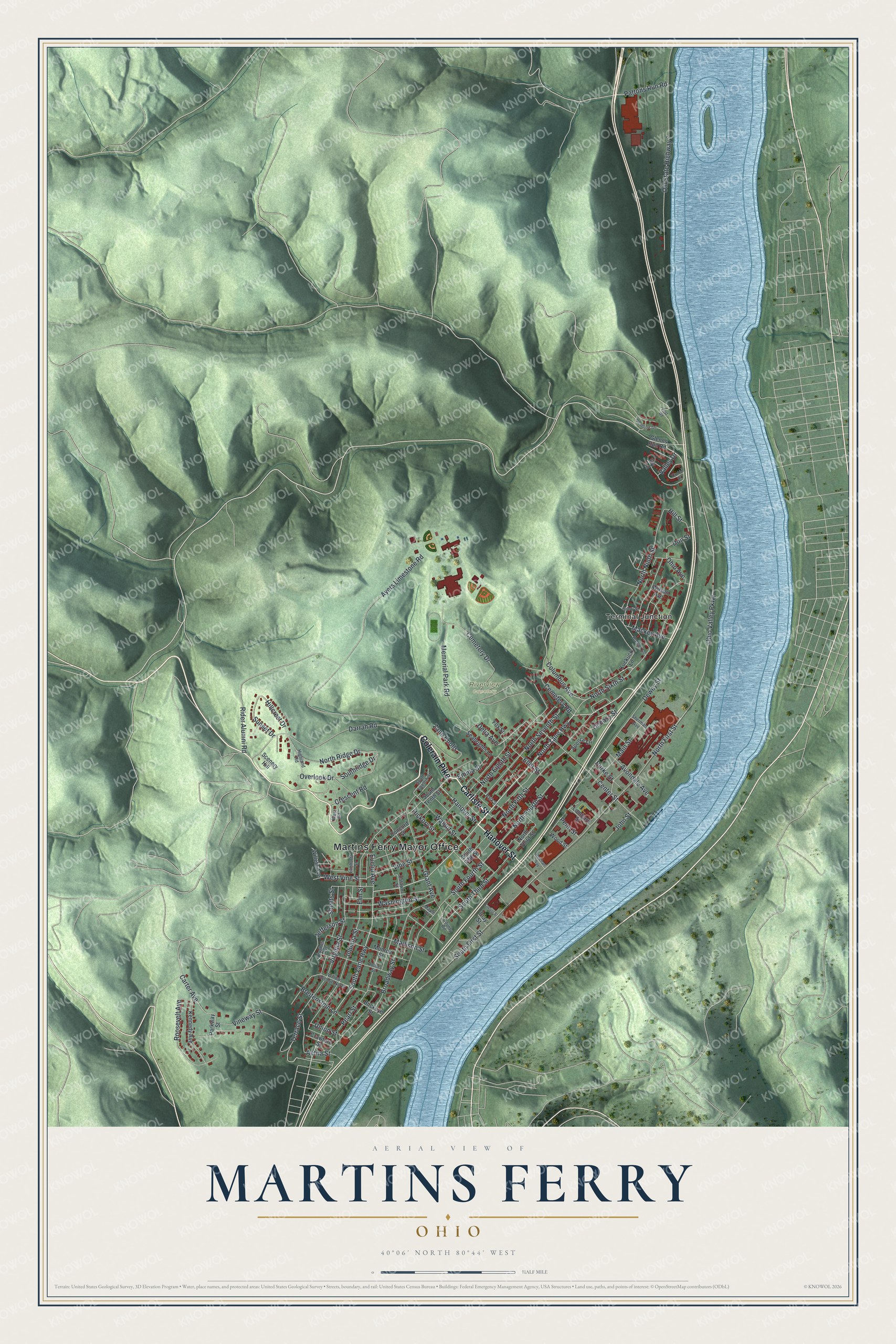 Full map of Martins Ferry, Ohio, with red buildings, printed street names and the land around them