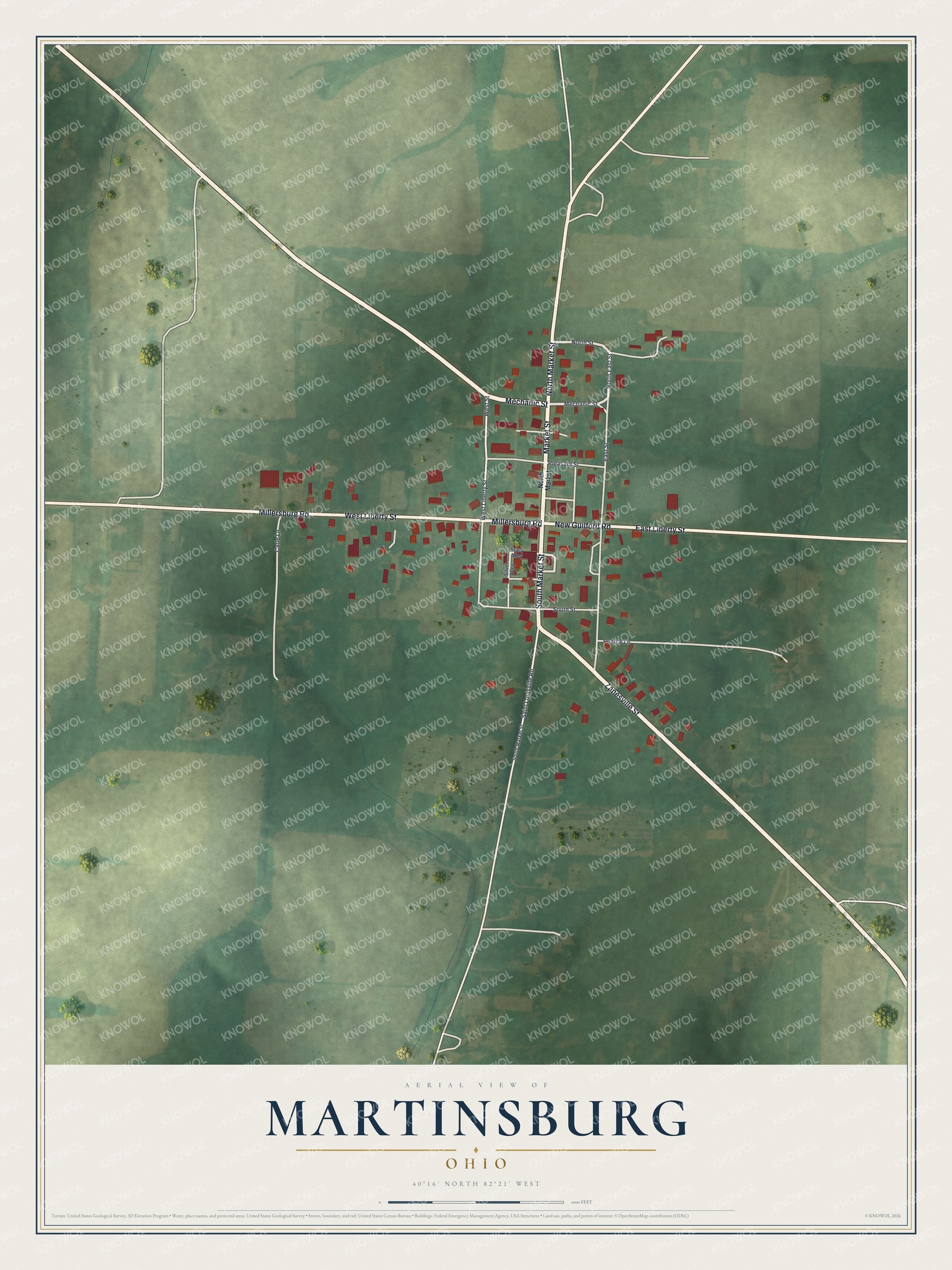 Full map of Martinsburg, Ohio, with red buildings, printed street names and the land around them
