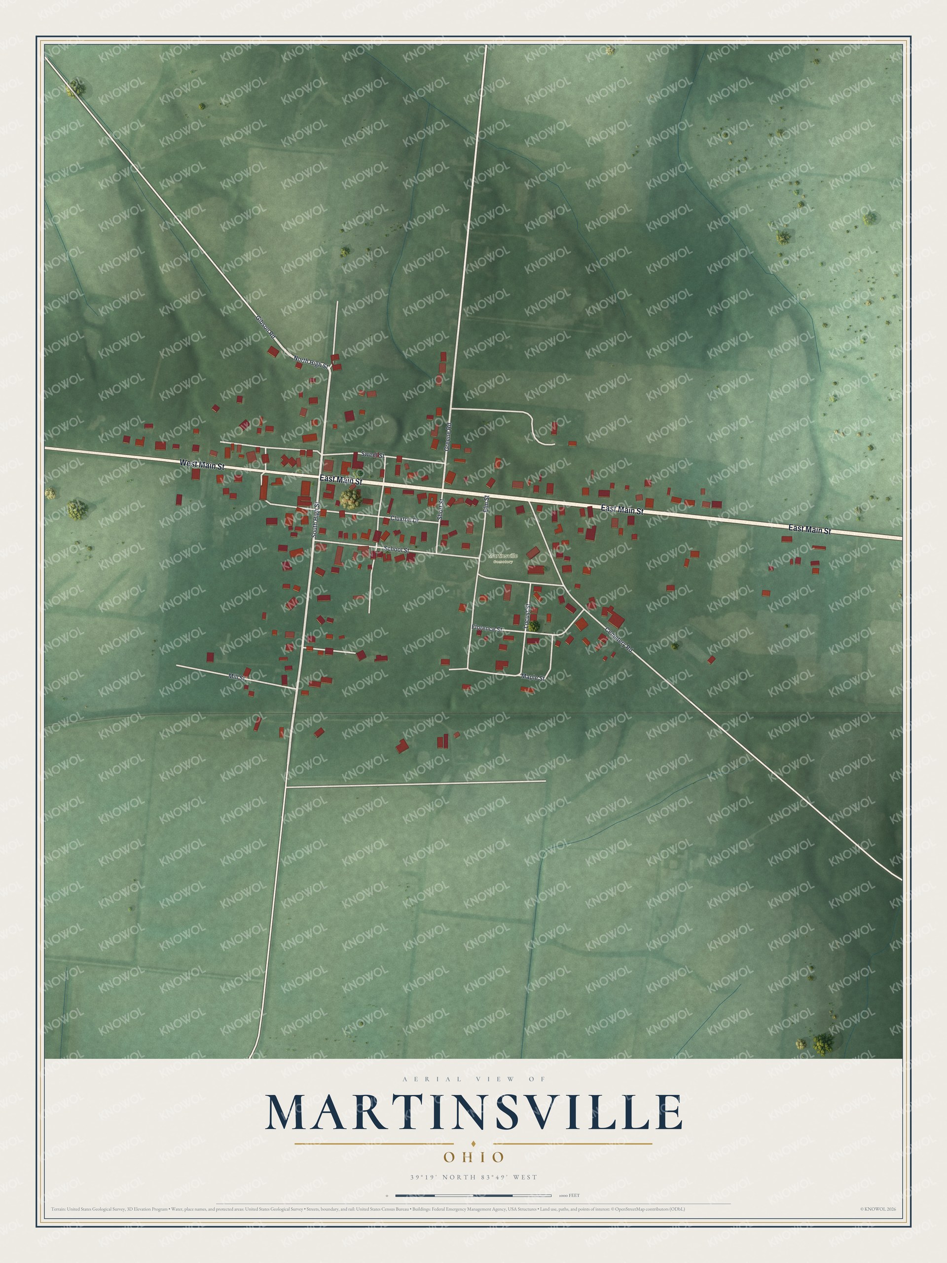 Full map of Martinsville, Ohio, with red buildings, printed street names and the land around them