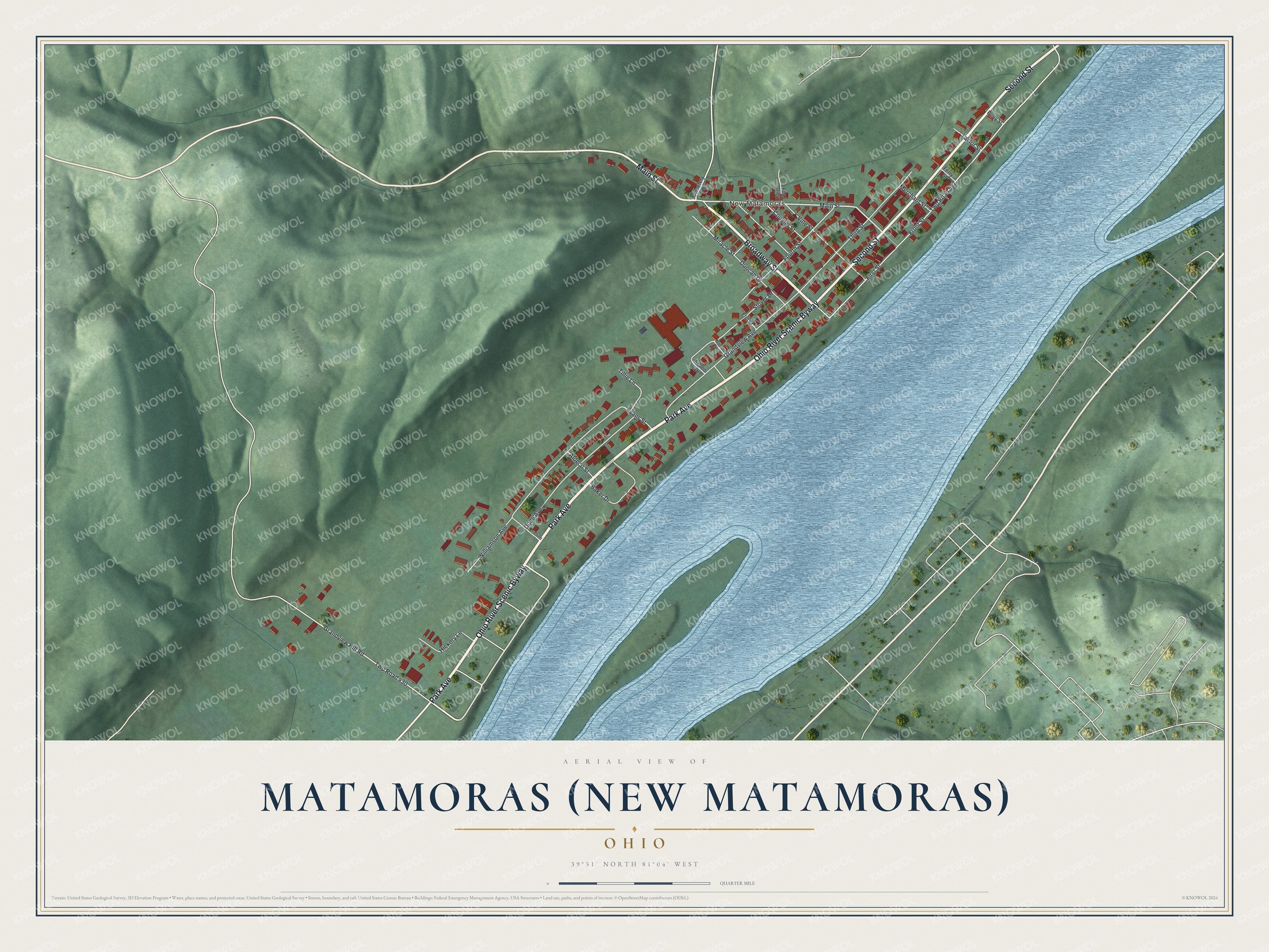 Full map of Matamoras (New Matamoras), Ohio, with red buildings, printed street names and the land around them