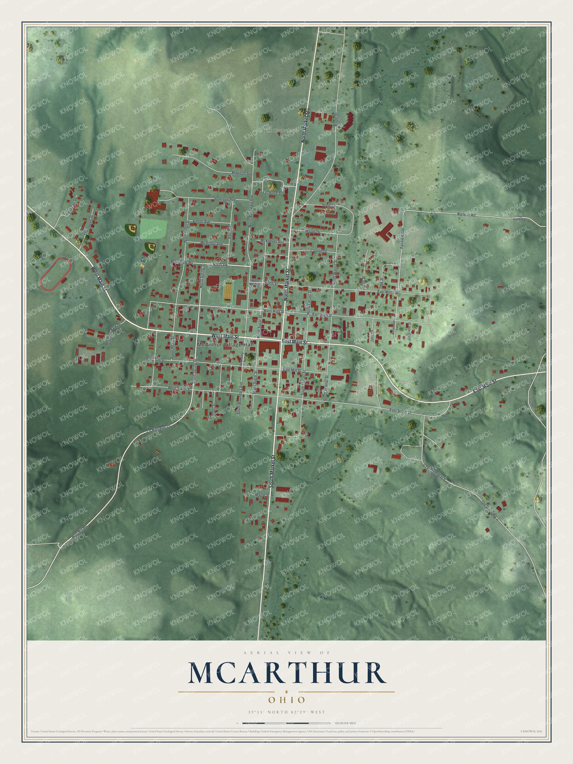Full map of McArthur, Ohio, with red buildings, printed street names and the land around them