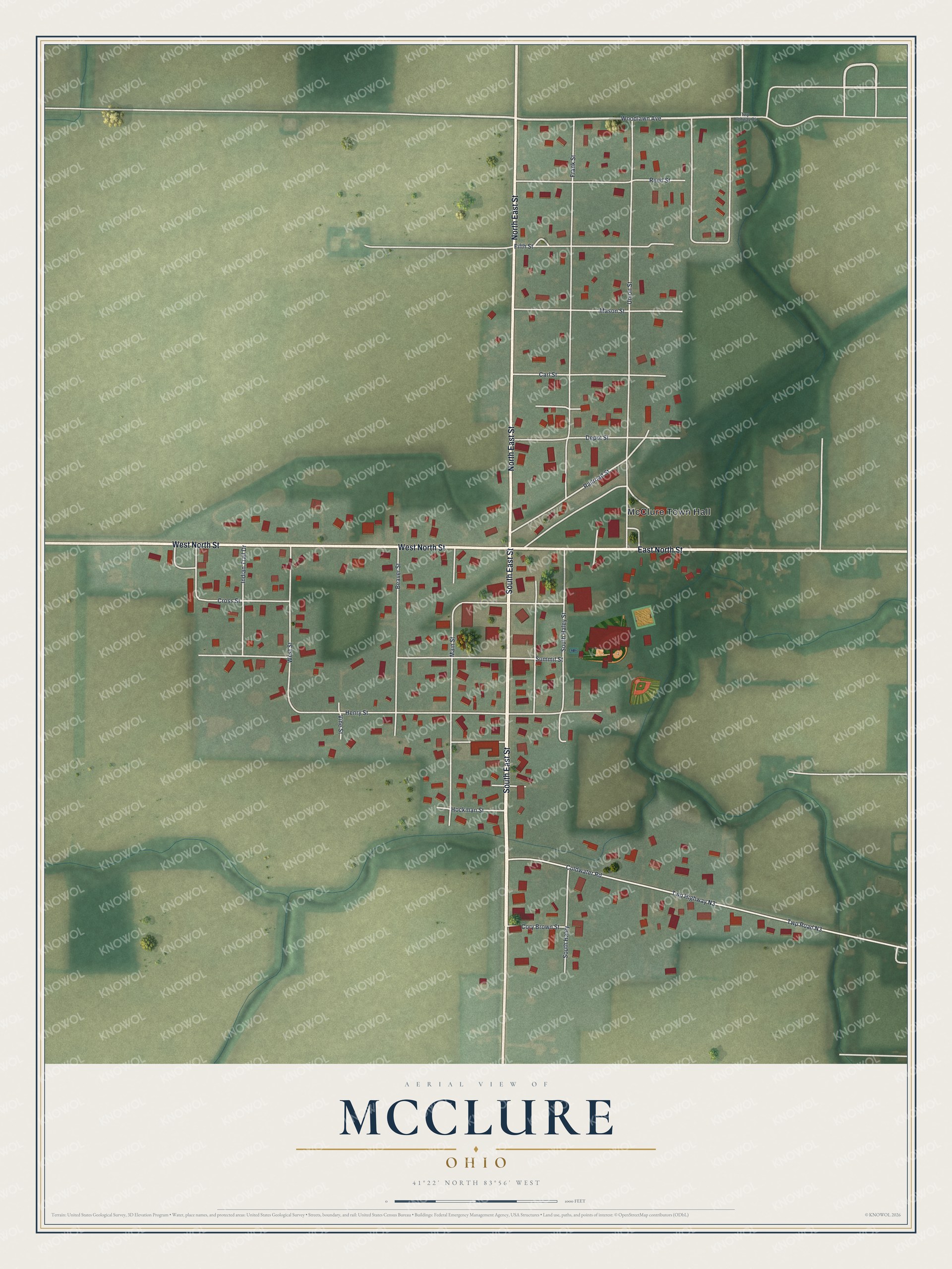Full map of McClure, Ohio, with red buildings, printed street names and the land around them