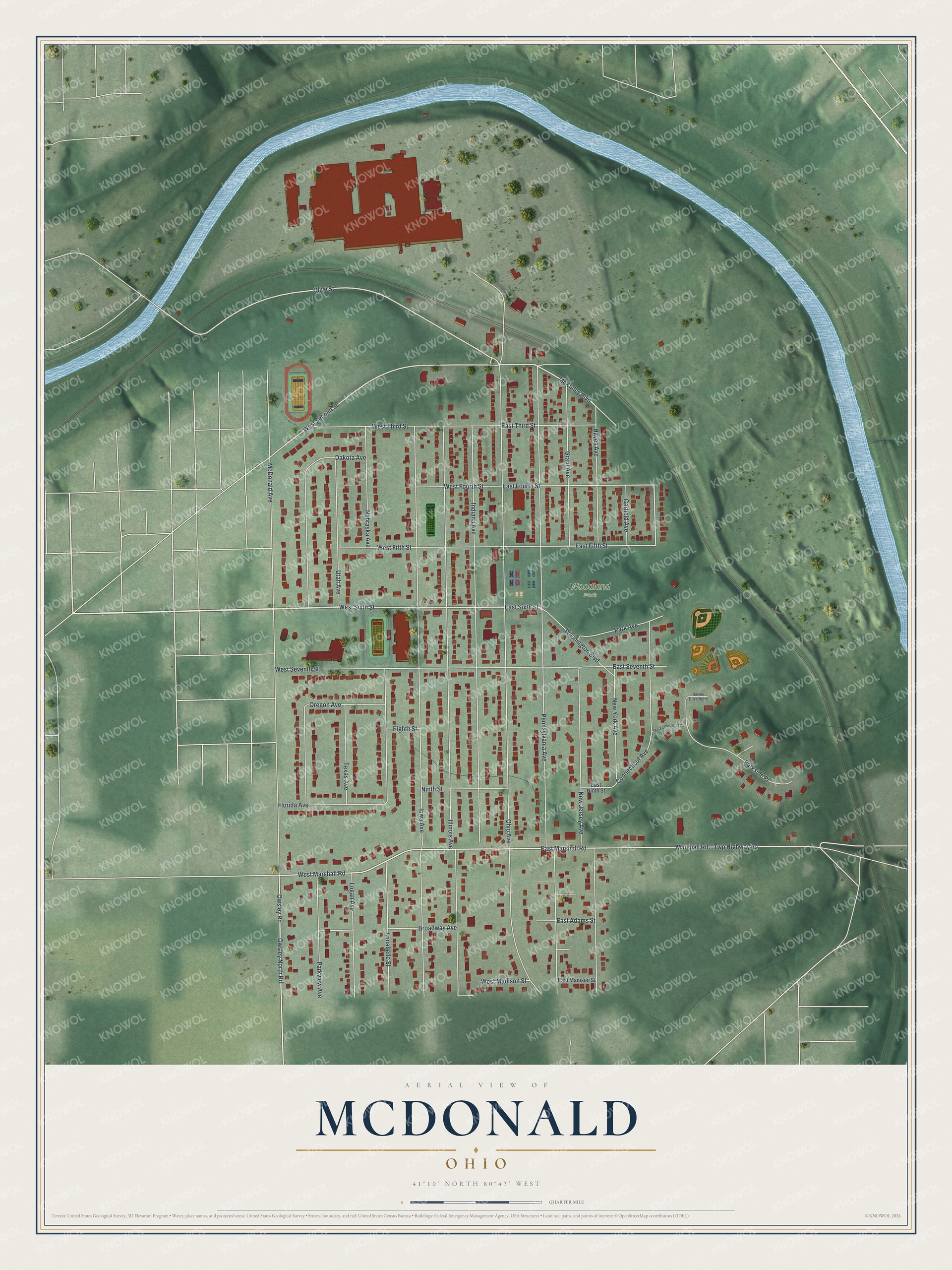 Full map of McDonald, Ohio, with red buildings, printed street names and the land around them