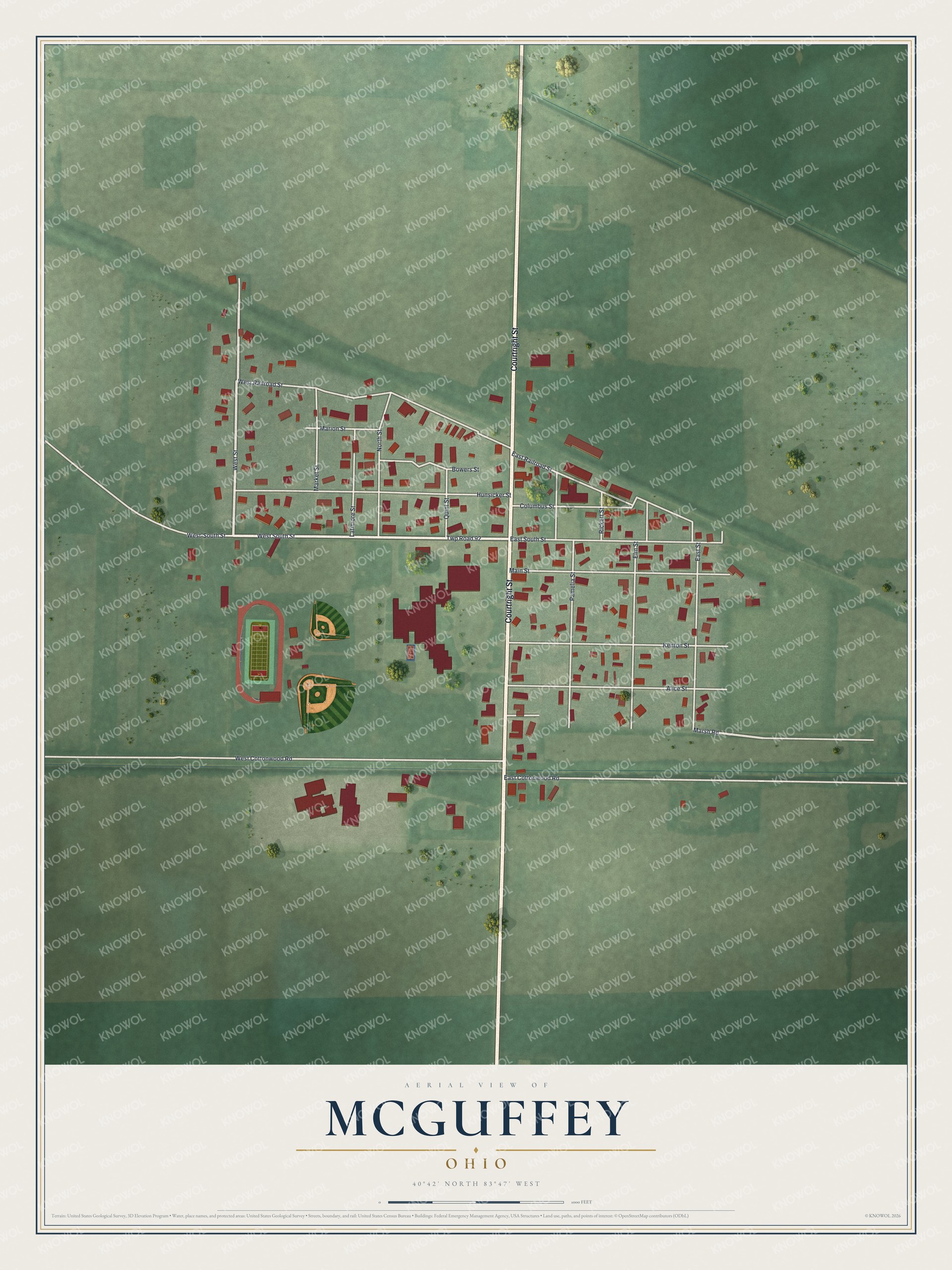 Full map of McGuffey, Ohio, with red buildings, printed street names and the land around them