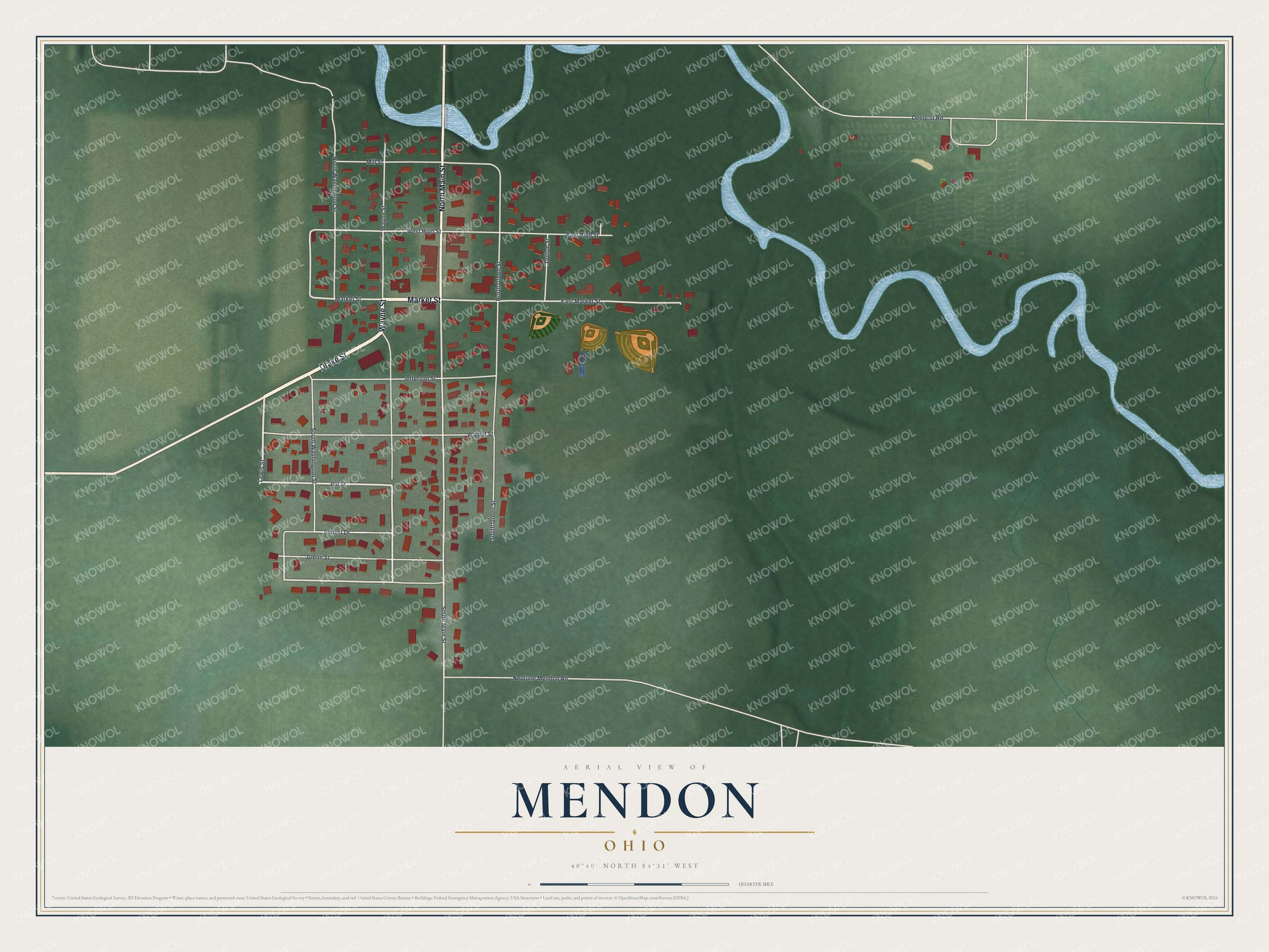 Full map of Mendon, Ohio, with red buildings, printed street names and the land around them