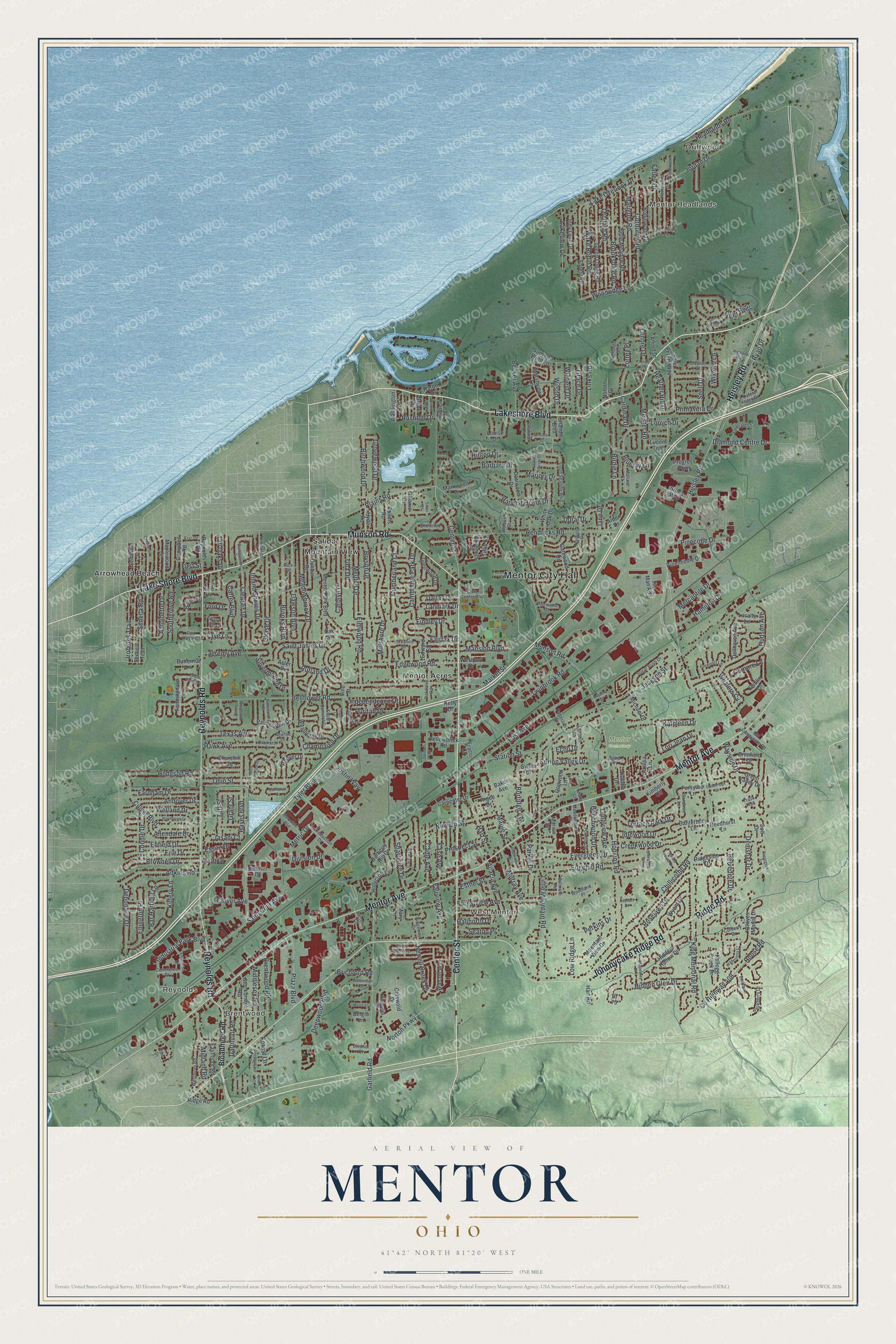 Full aerial map of Mentor, Ohio, with blue lakeshore water, green land, red buildings, named streets, and a cream title panel