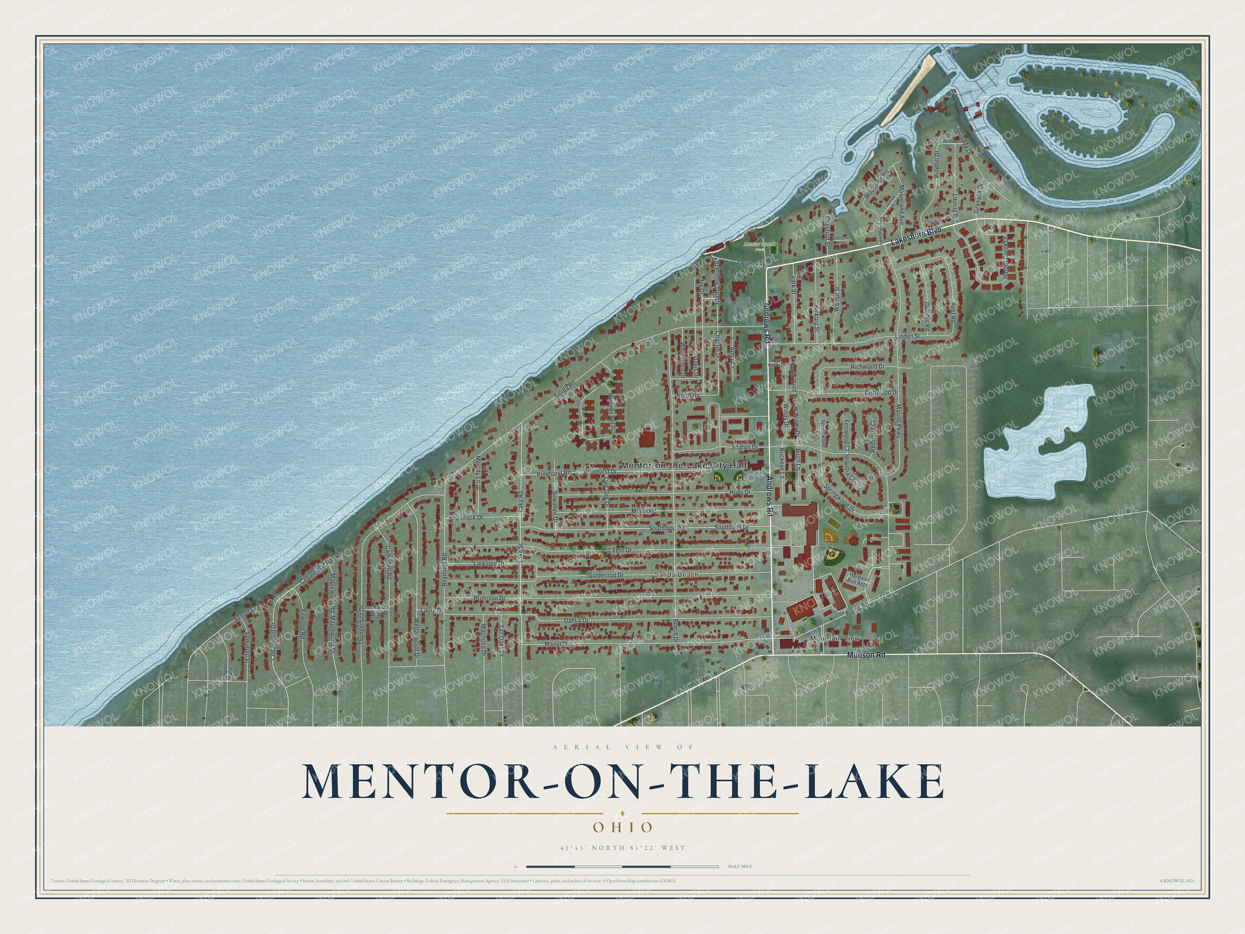 Full map of Mentor-on-the-Lake, Ohio, with red buildings, printed street names and the land around them