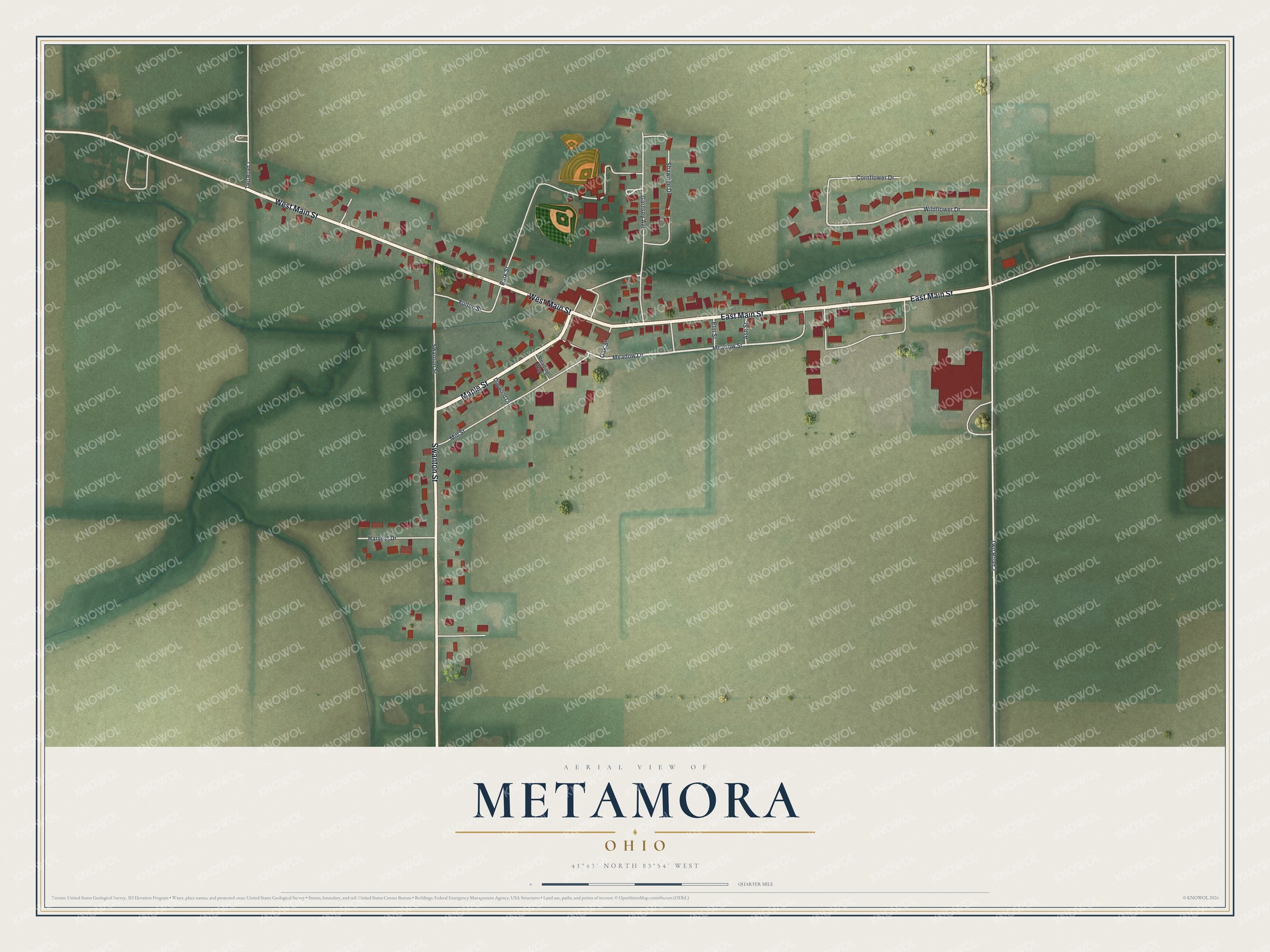 Full map of Metamora, Ohio, with red buildings, printed street names and the land around them