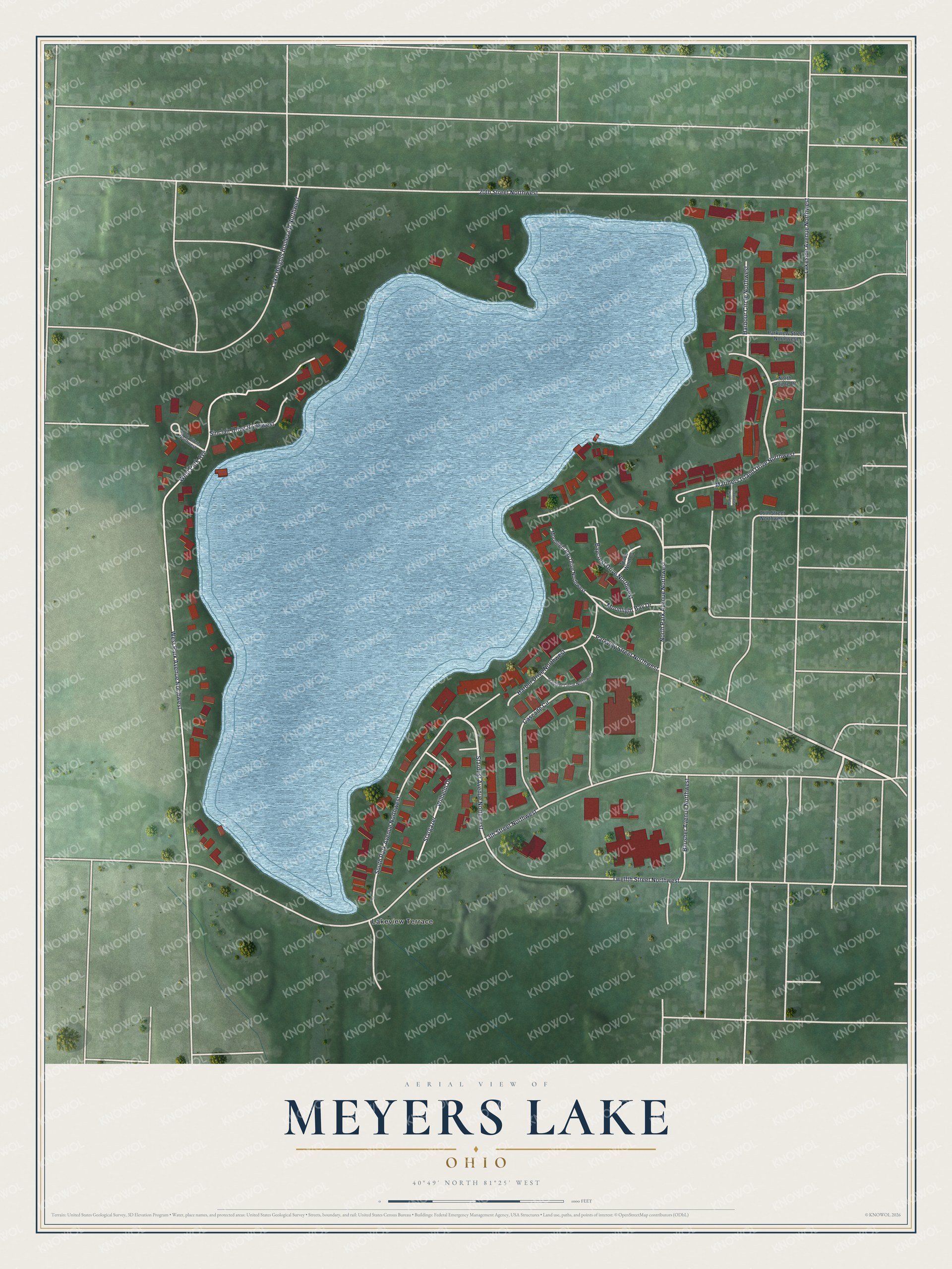 Full map of Meyers Lake, Ohio, with red buildings, printed street names and the land around them