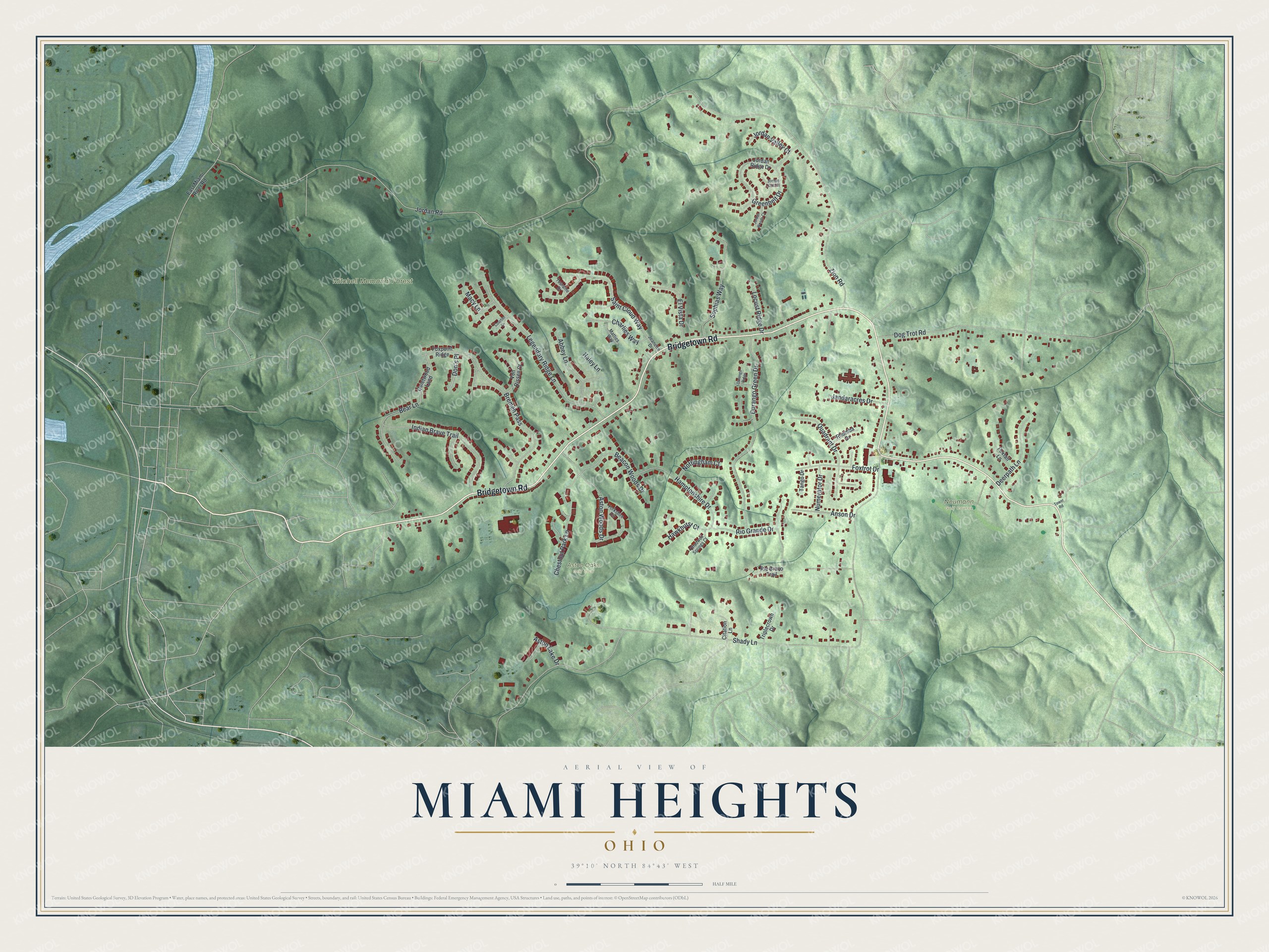 Full map of Miami Heights, Ohio, with red buildings, printed street names and the land around them