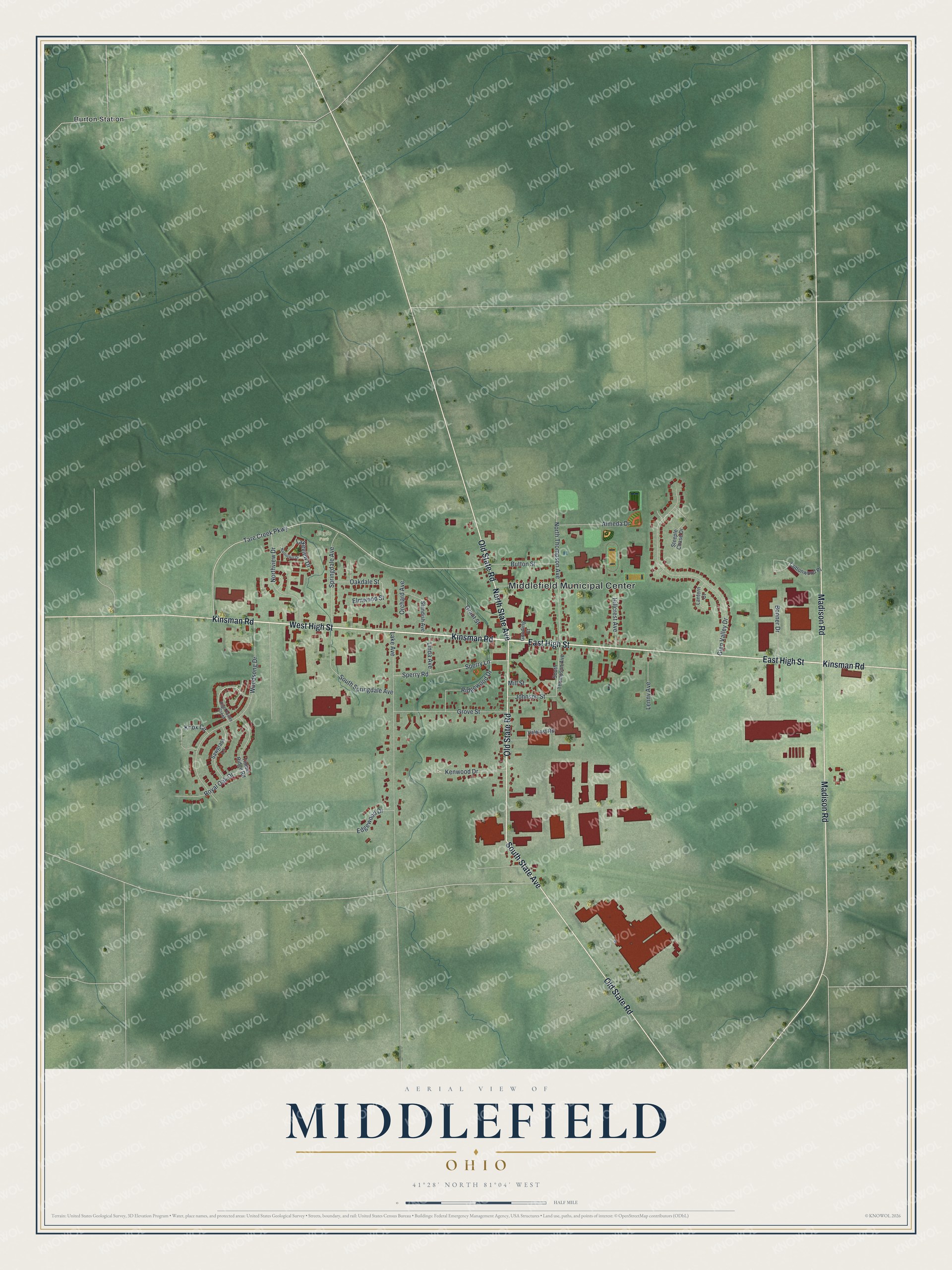 Full map of Middlefield, Ohio, with red buildings, printed street names and the land around them