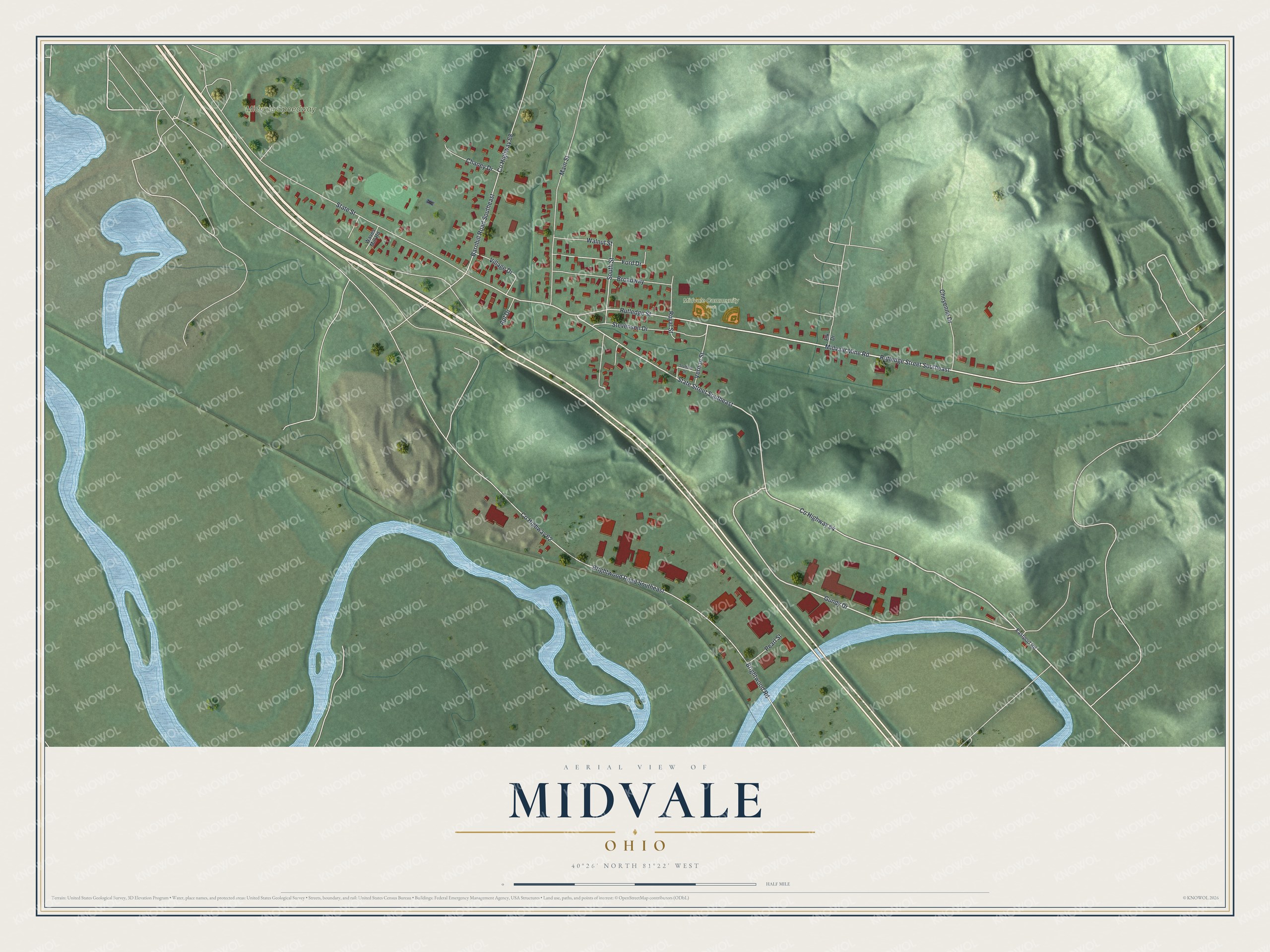 Full map of Midvale, Ohio, with red buildings, printed street names and the land around them