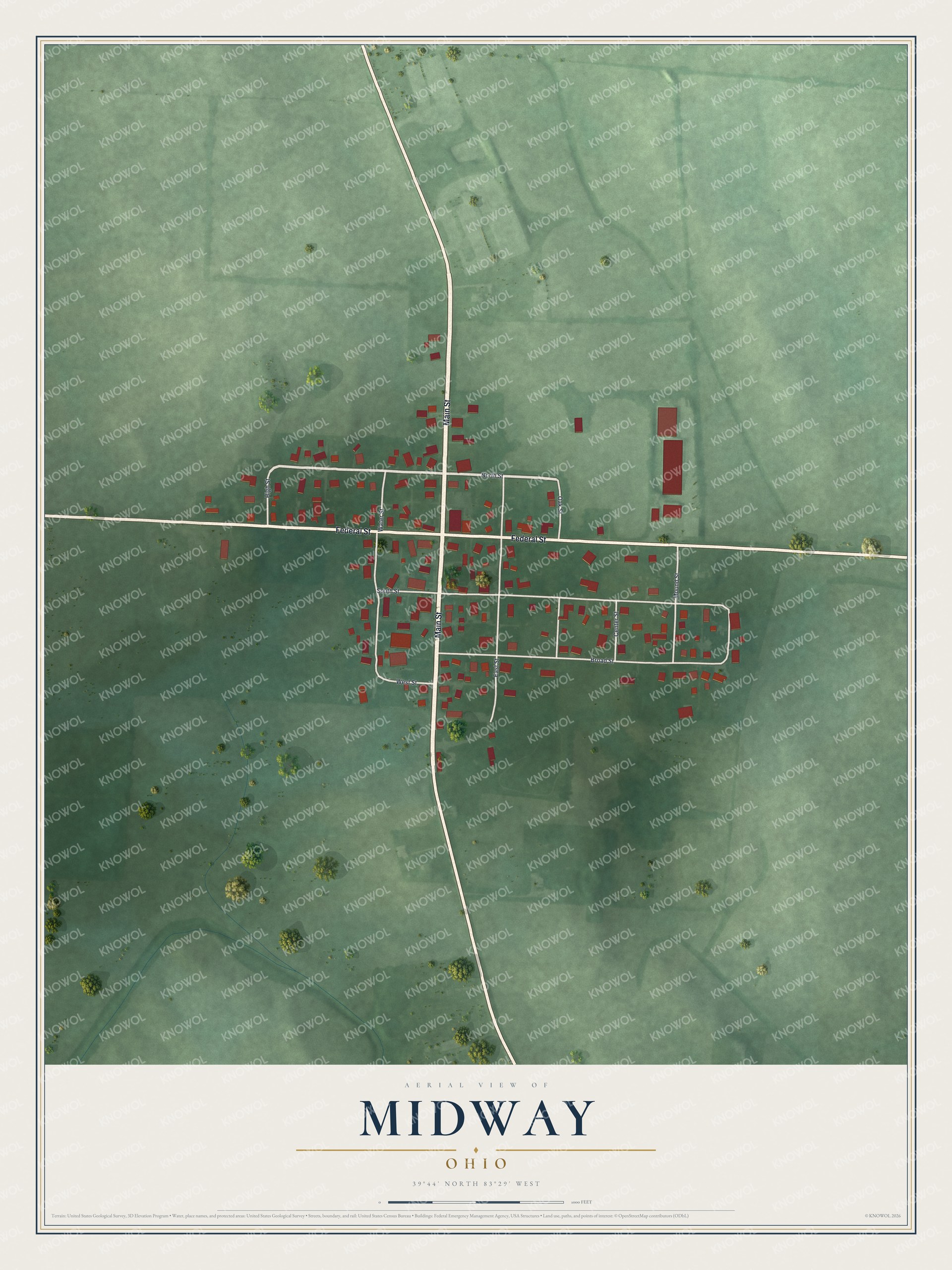 Full map of Midway, Ohio, with red buildings, printed street names and the land around them