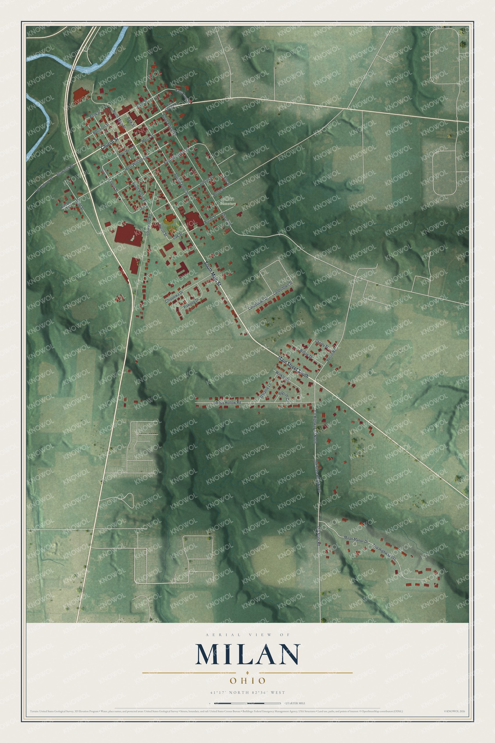 Aerial view map of Milan, Ohio with red buildings along Main Street, a blue river at top left and green hills and fields to the south