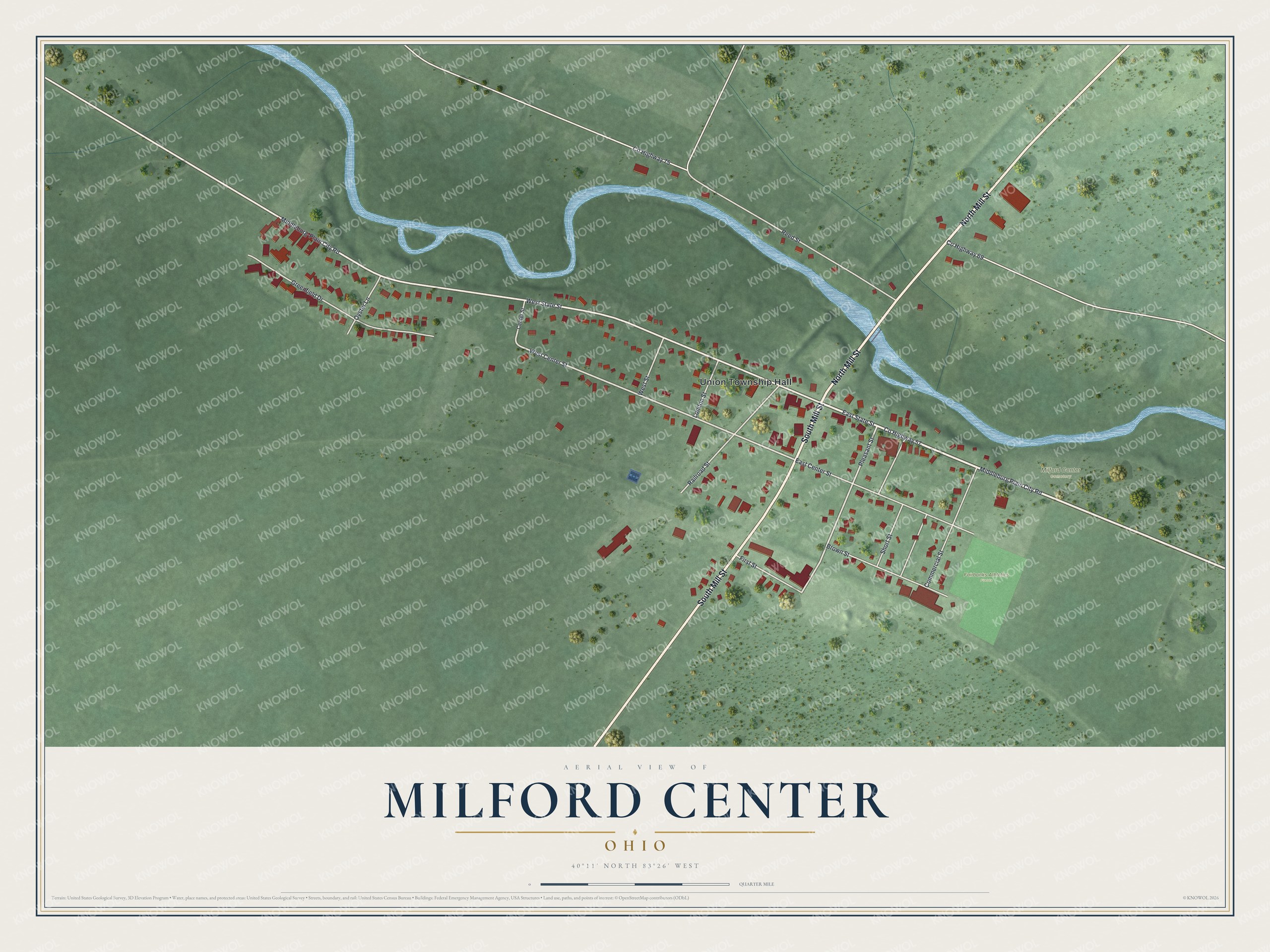 Full map of Milford Center, Ohio, with red buildings, printed street names and the land around them
