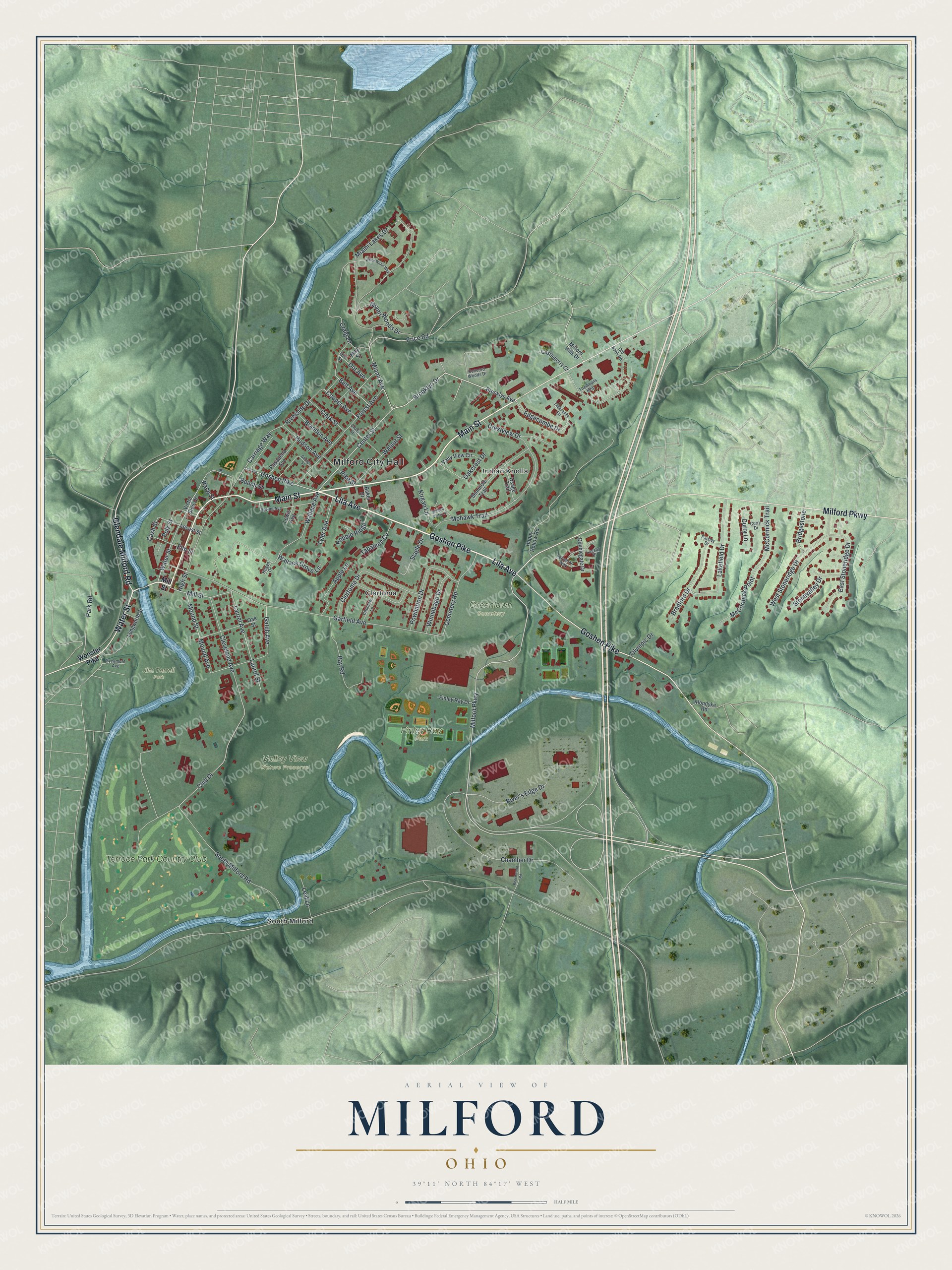 Aerial map of Milford, Ohio, with green shaded hills, two blue rivers and red buildings along Main Street