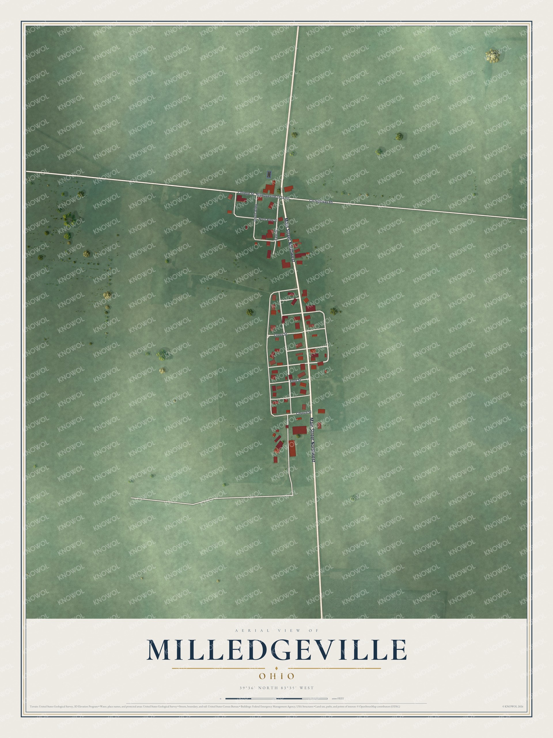 Full map of Milledgeville, Ohio, with red buildings, printed street names and the land around them