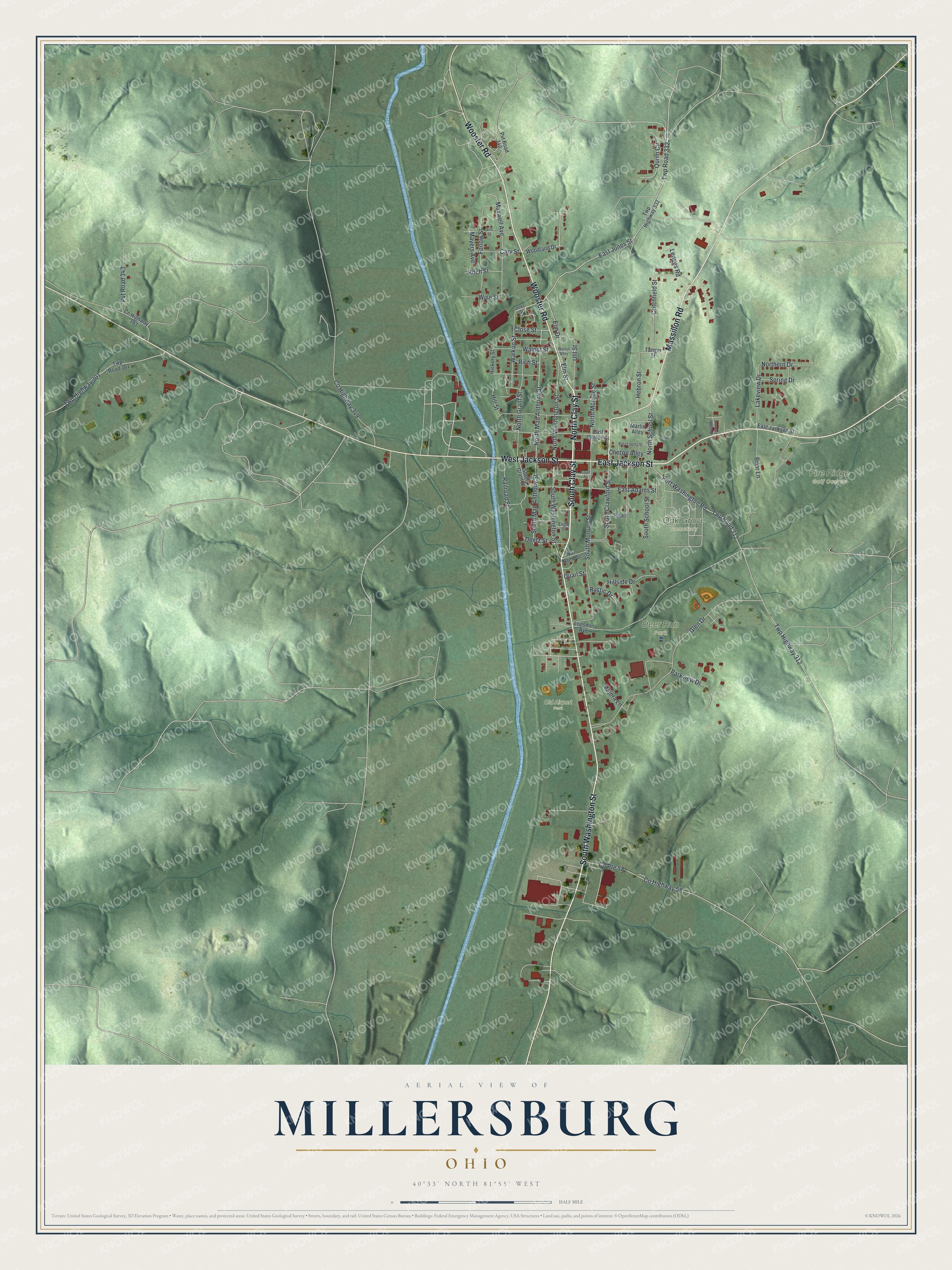 Map of Millersburg, Ohio with green shaded hills, a blue stream and red buildings along a valley