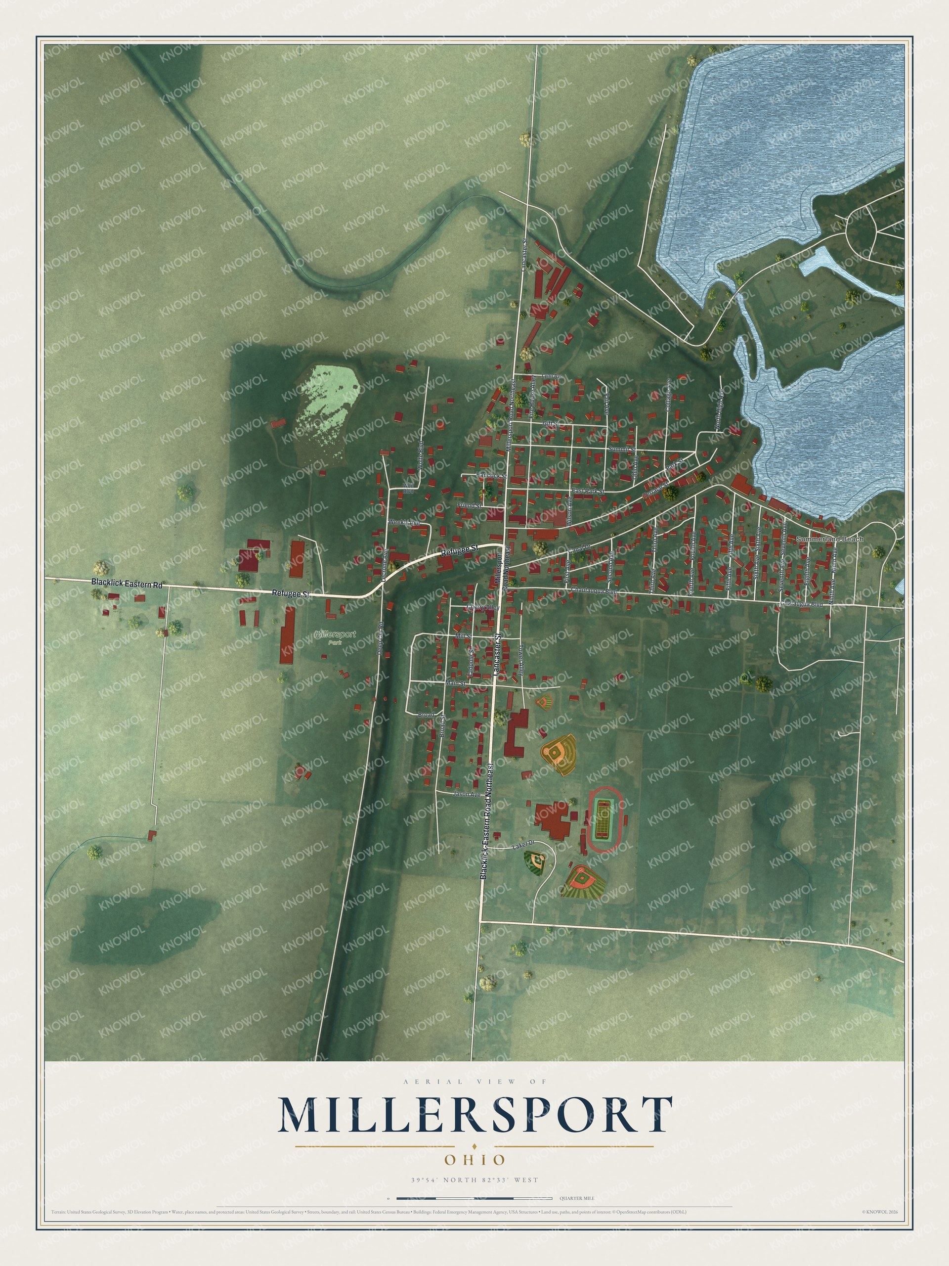 Full map of Millersport, Ohio, with red buildings, printed street names and the land around them