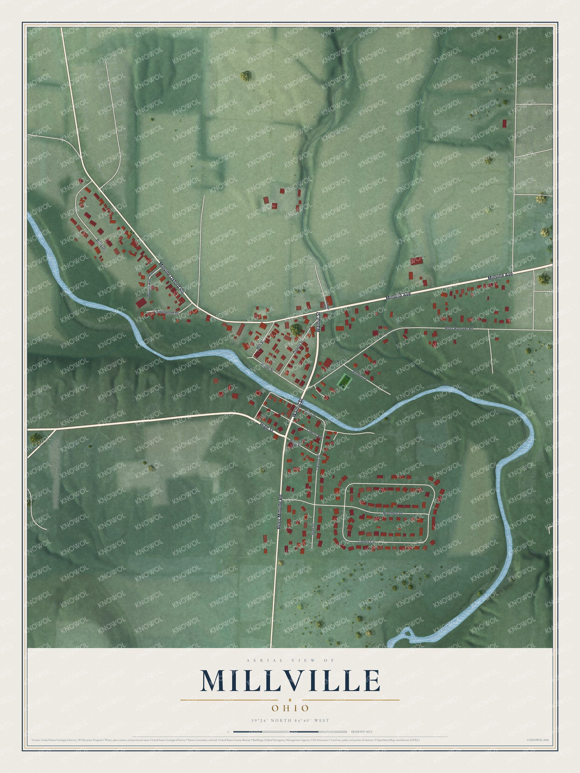 Full map of Millville, Ohio, with red buildings, printed street names and the land around them