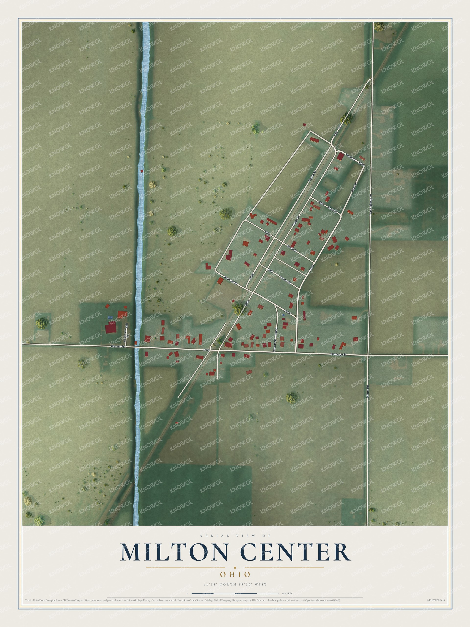 Full map of Milton Center, Ohio, with red buildings, printed street names and the land around them