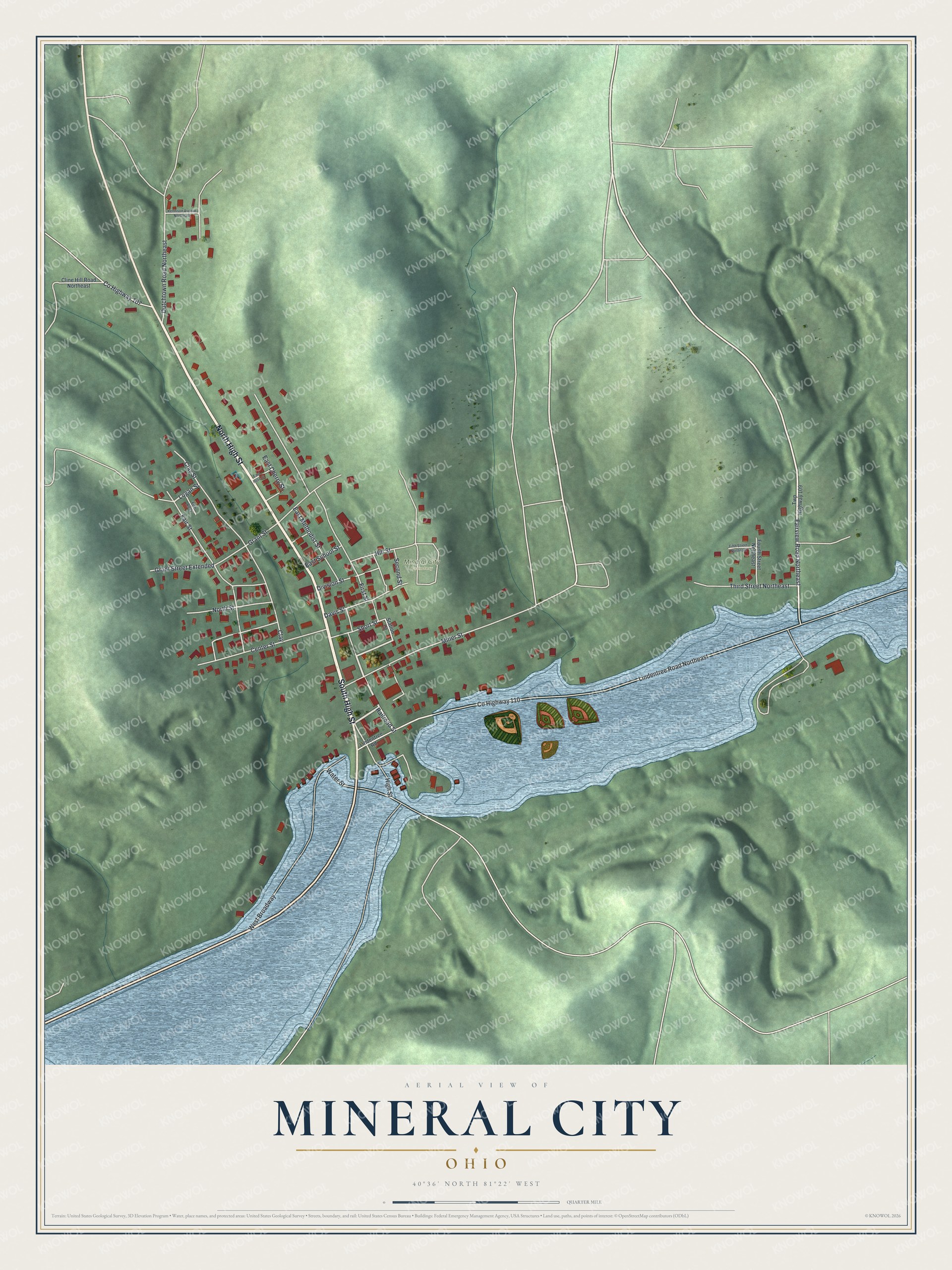 Full map of Mineral City, Ohio, with red buildings, printed street names and the land around them