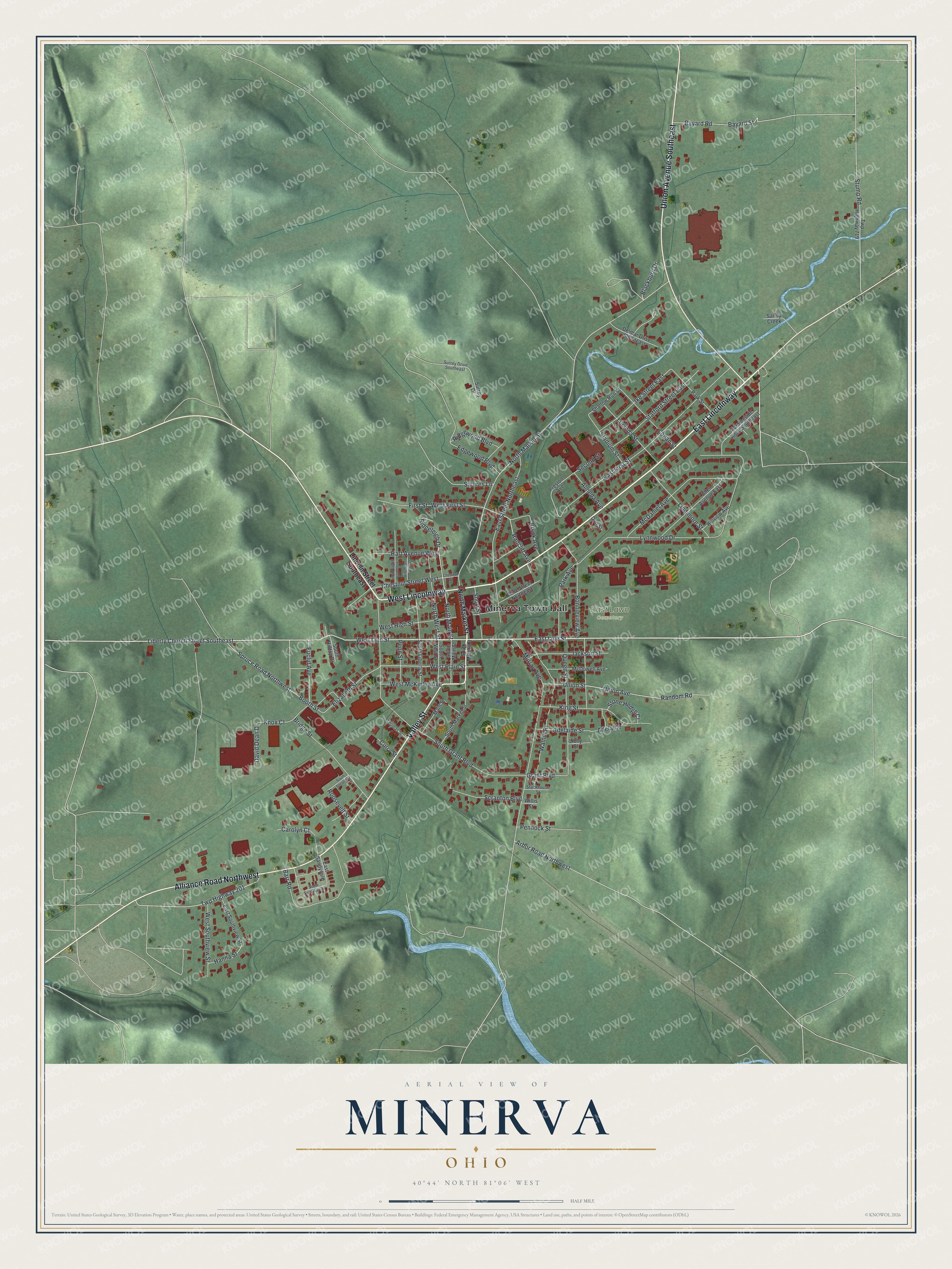 Full map of Minerva, Ohio, with red buildings, printed street names and the land around them