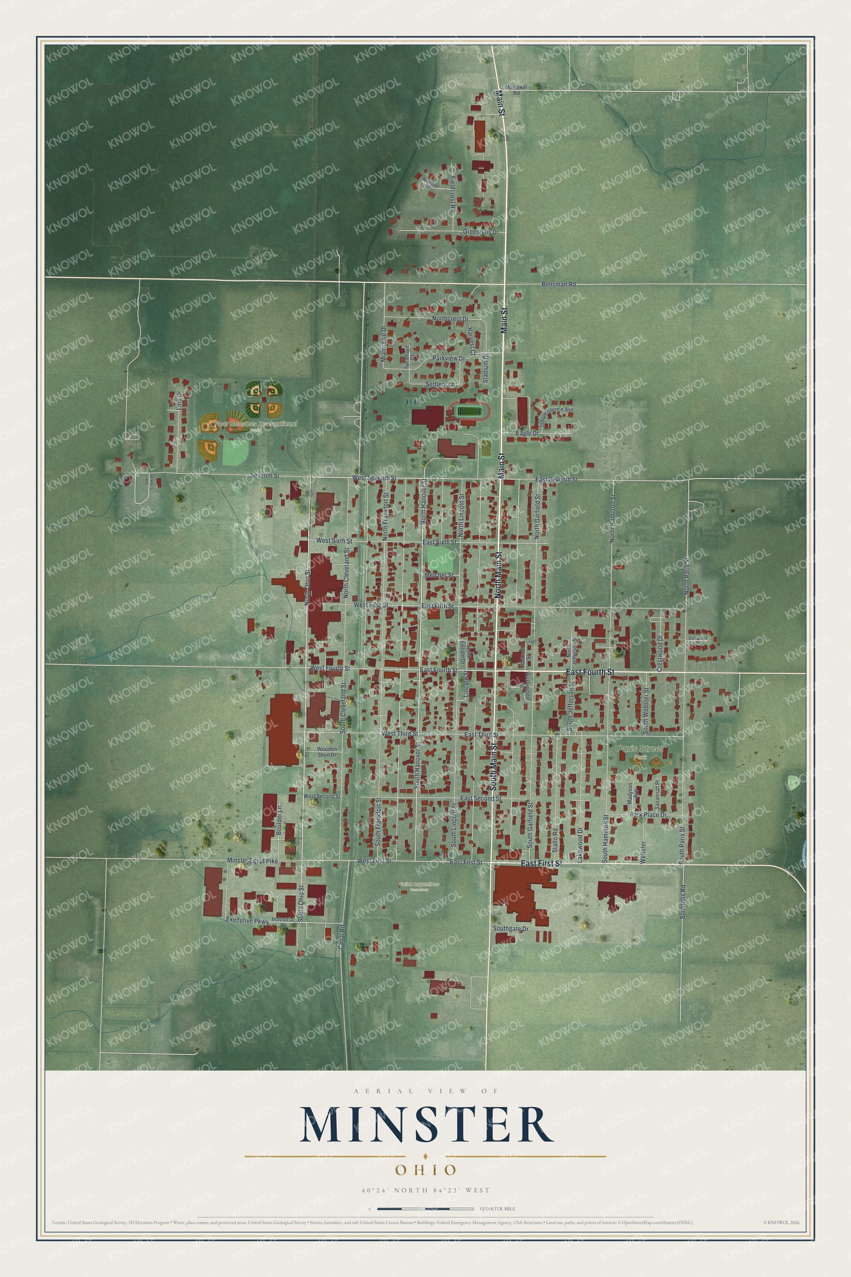 Full map of Minster, Ohio, with red buildings, printed street names and the land around them