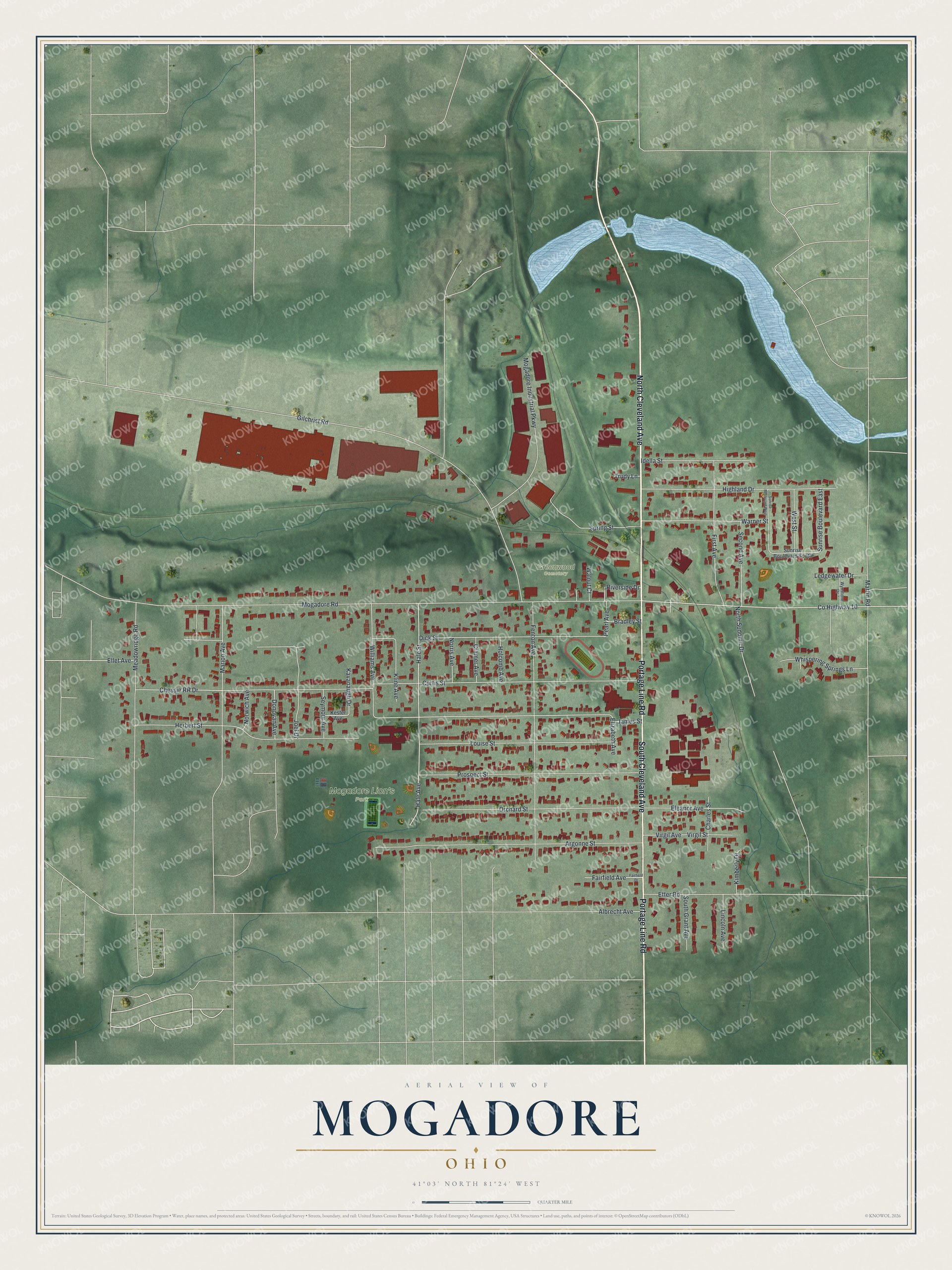 Full map of Mogadore, Ohio, with red buildings, printed street names and the land around them