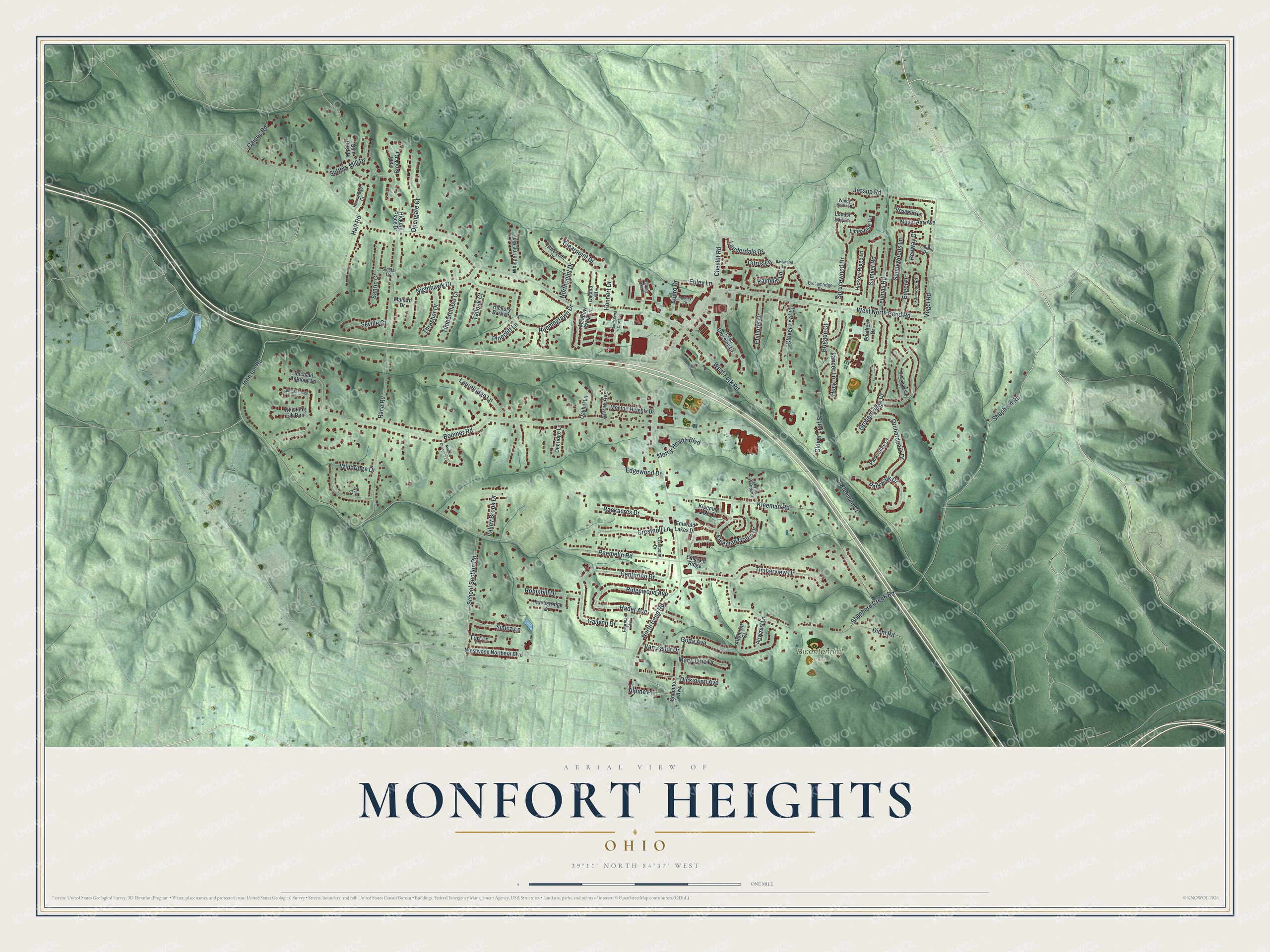 Full map of Monfort Heights, Ohio, with red buildings, printed street names and the land around them
