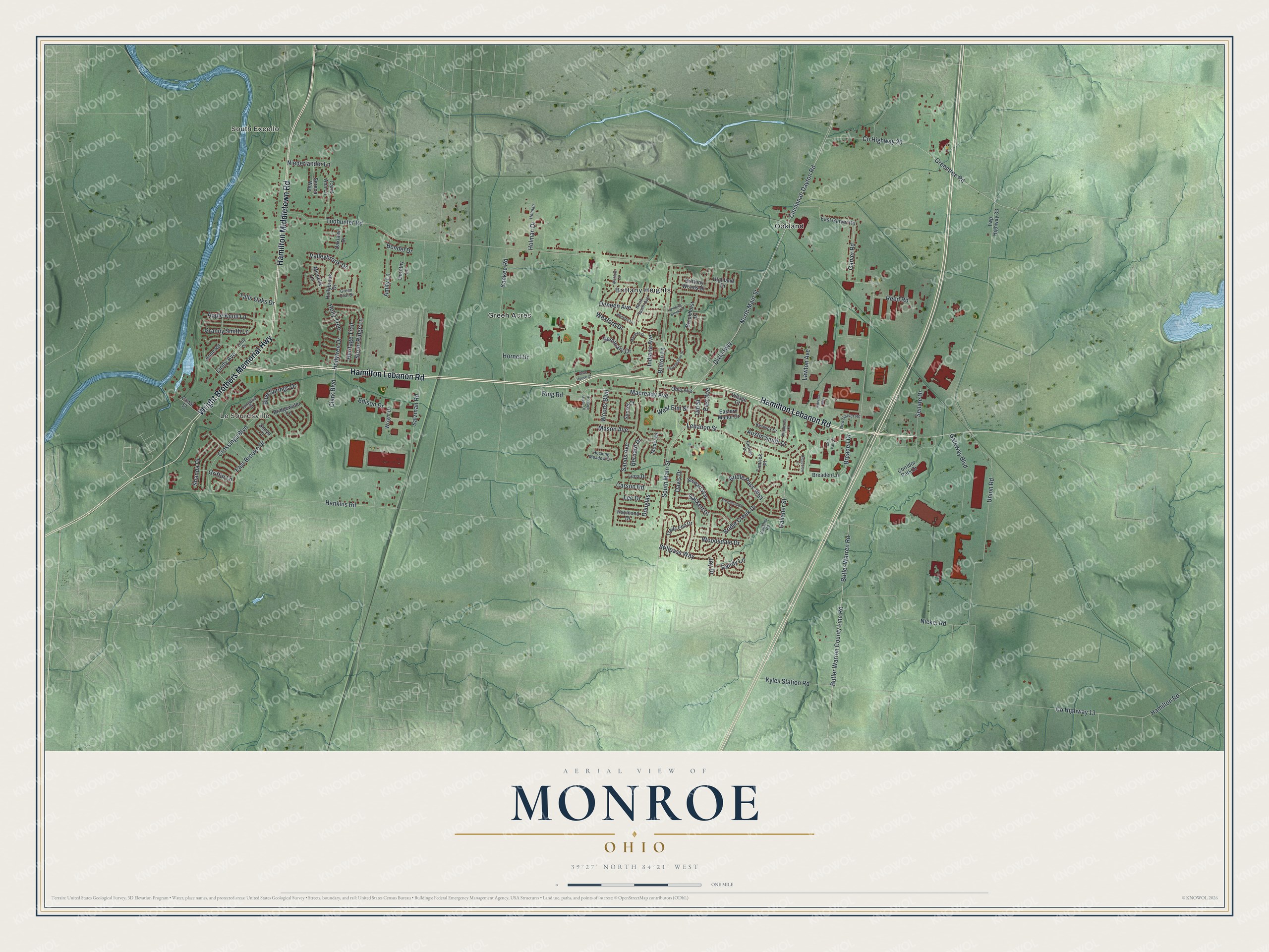 Full map of Monroe, Ohio, with red buildings, printed street names and the land around them