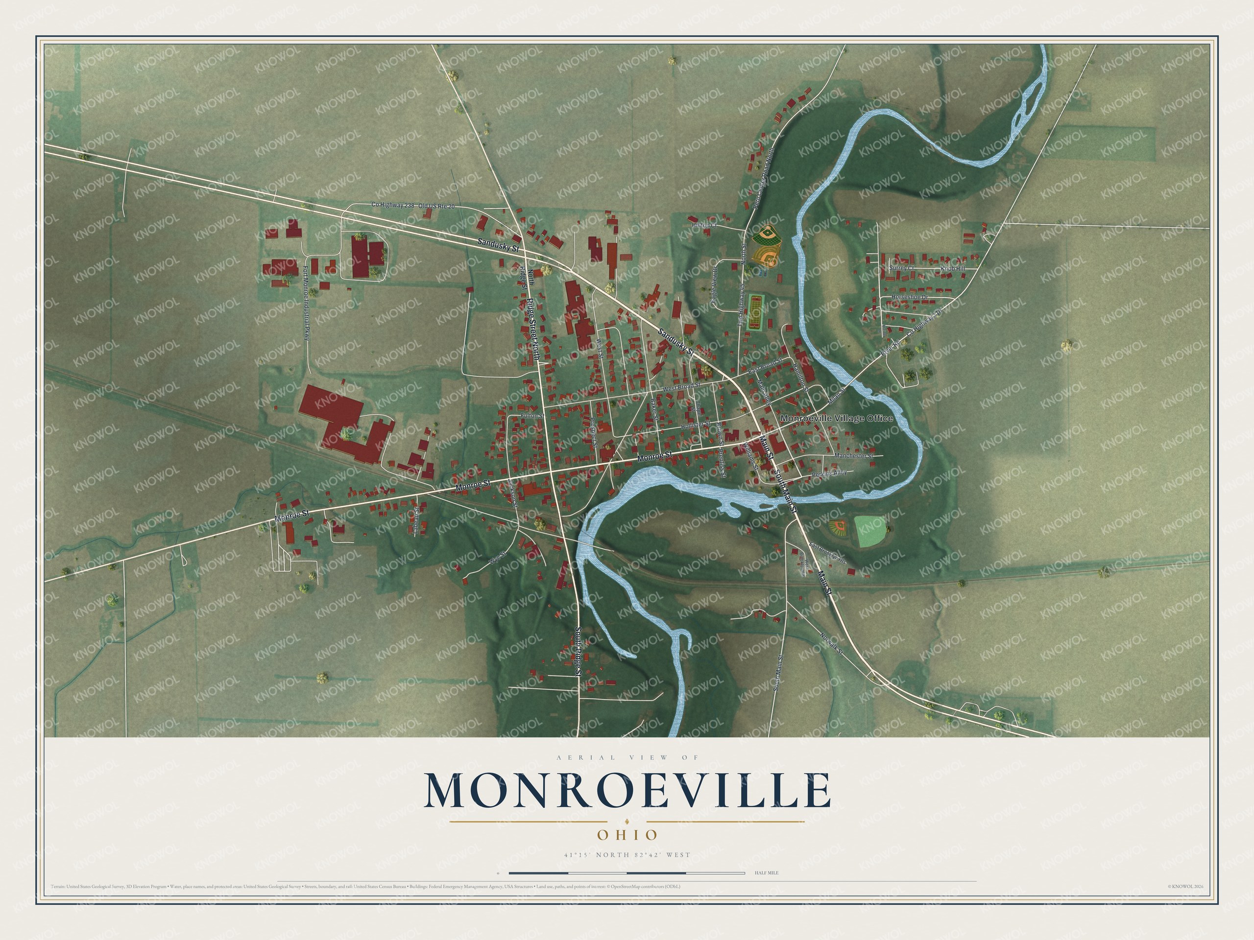 Full map of Monroeville, Ohio, with red buildings, printed street names and the land around them