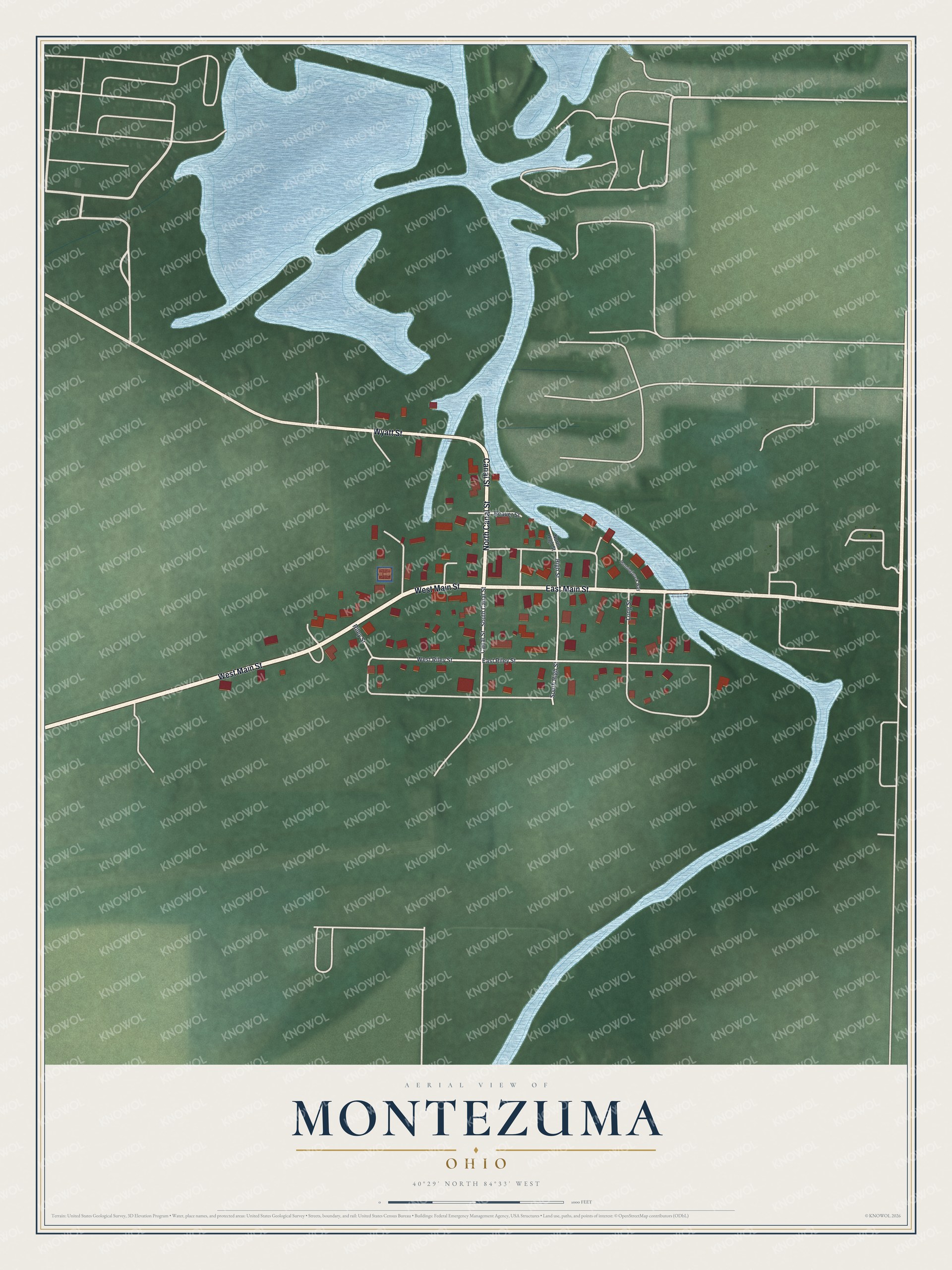 Full map of Montezuma, Ohio, with red buildings, printed street names and the land around them