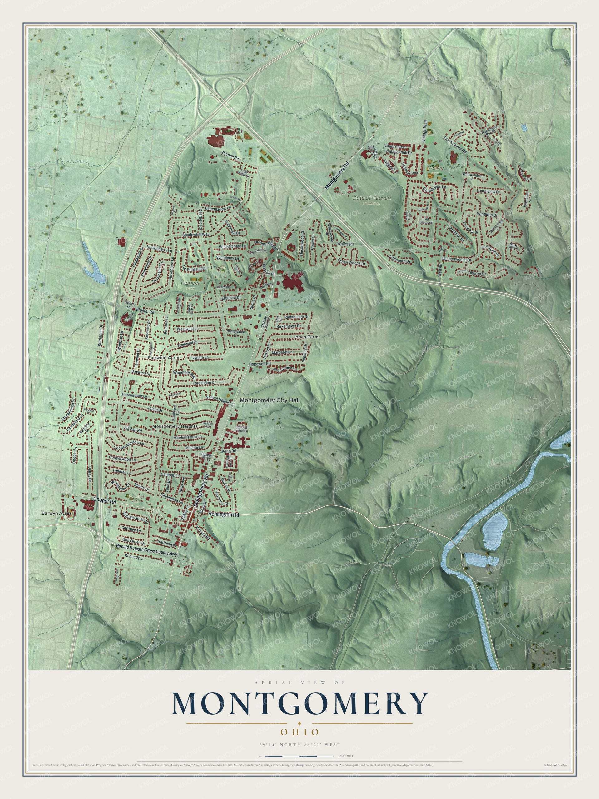 Full map of Montgomery, Ohio, with red buildings, printed street names and the land around them