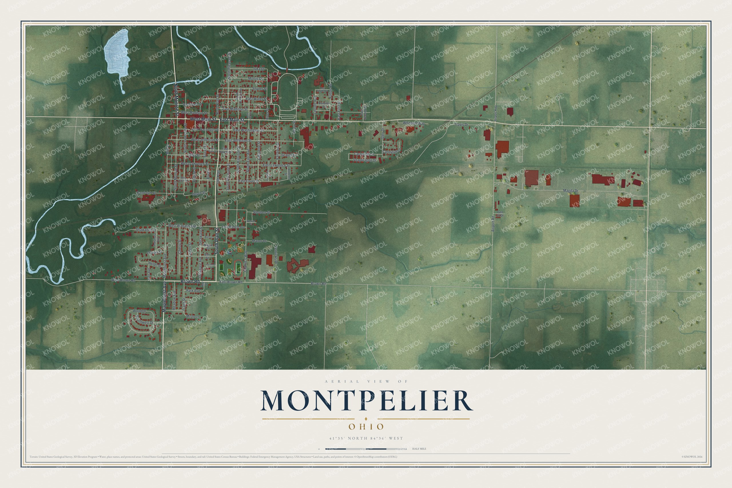 Full map of Montpelier, Ohio, with red buildings, printed street names and the land around them