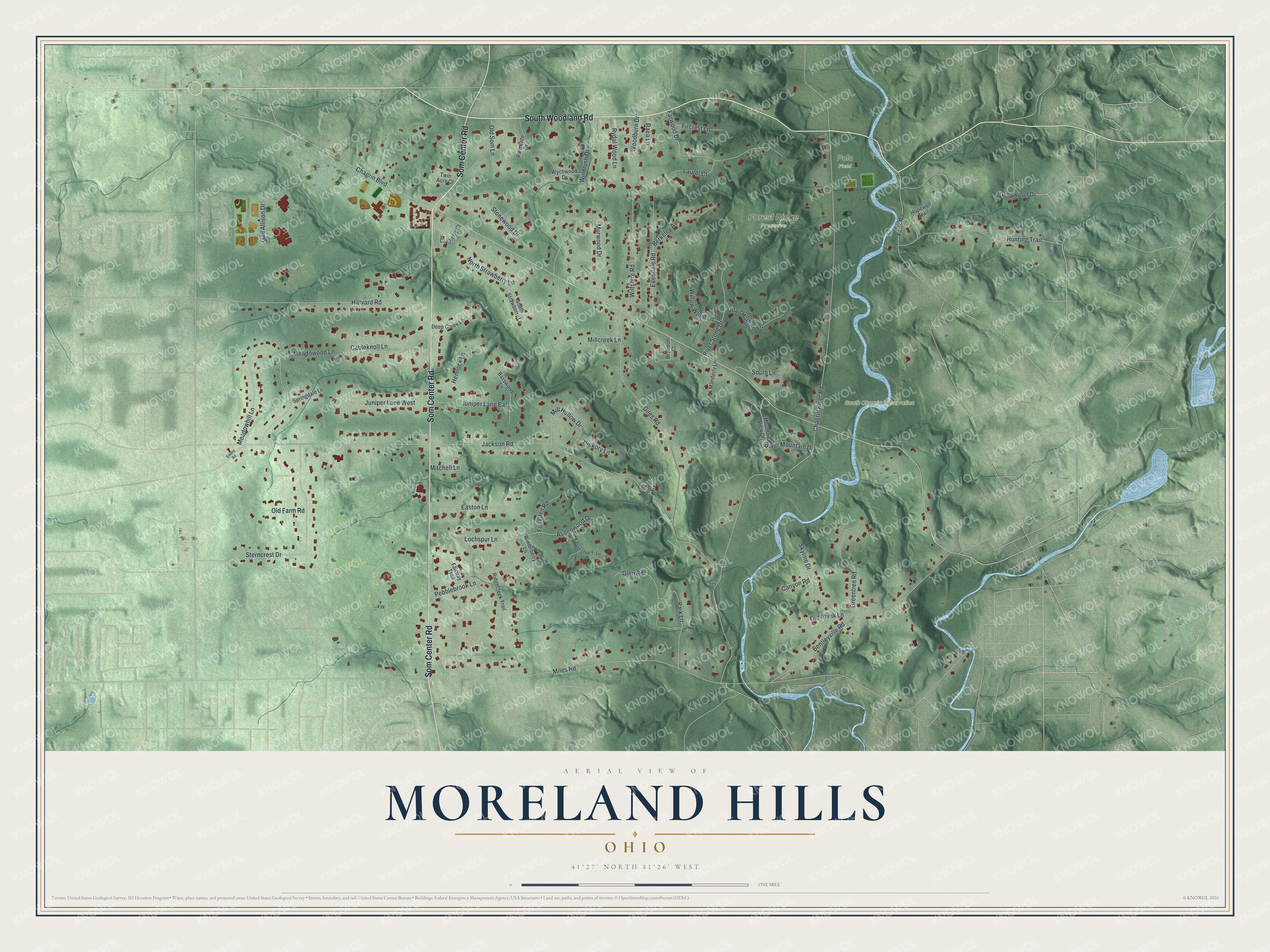Aerial map of Moreland Hills, Ohio, with shaded wooded hills, curving streets, small red buildings and a blue river on the right side