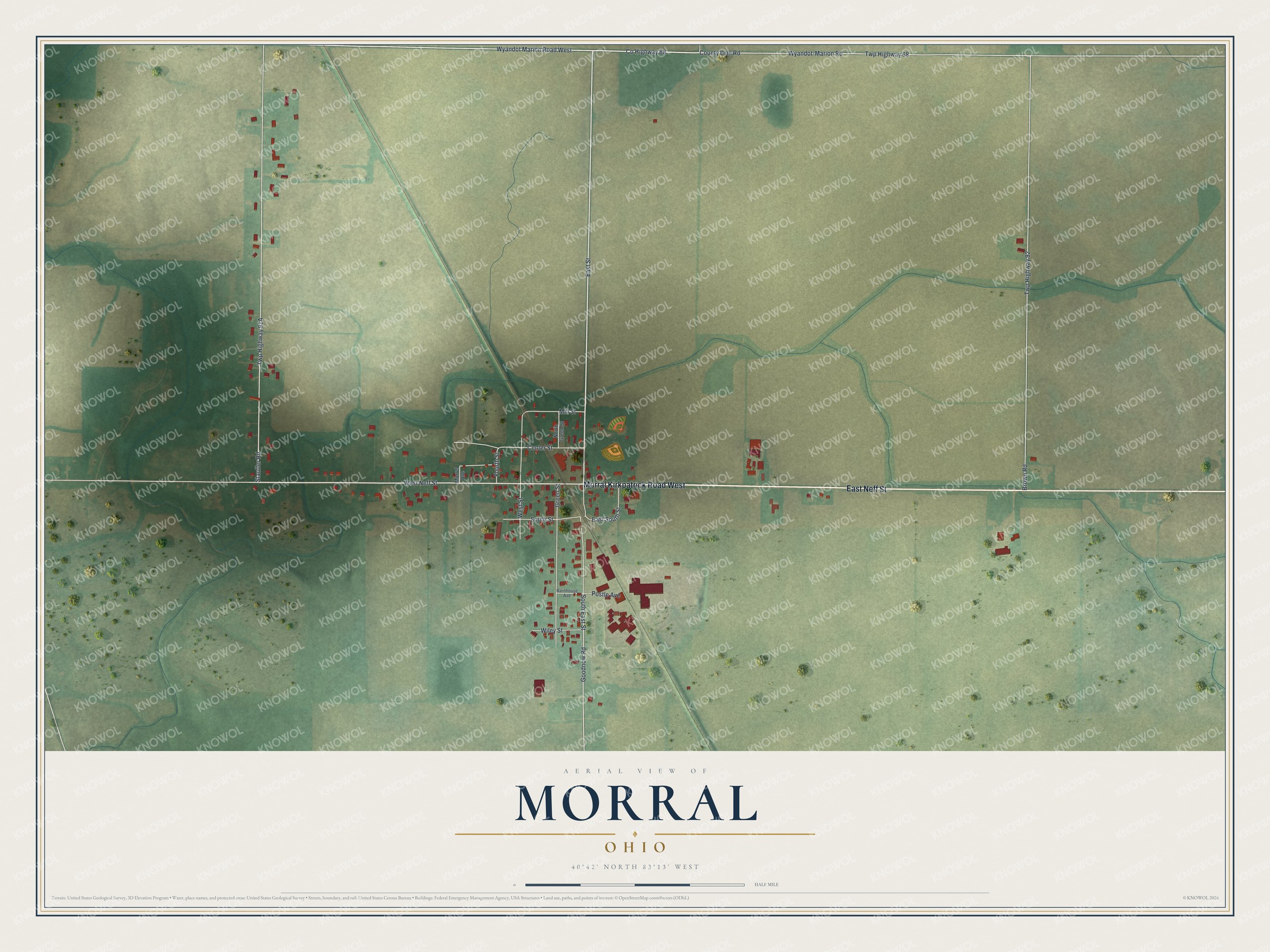 Full map of Morral, Ohio, with red buildings, printed street names and the land around them
